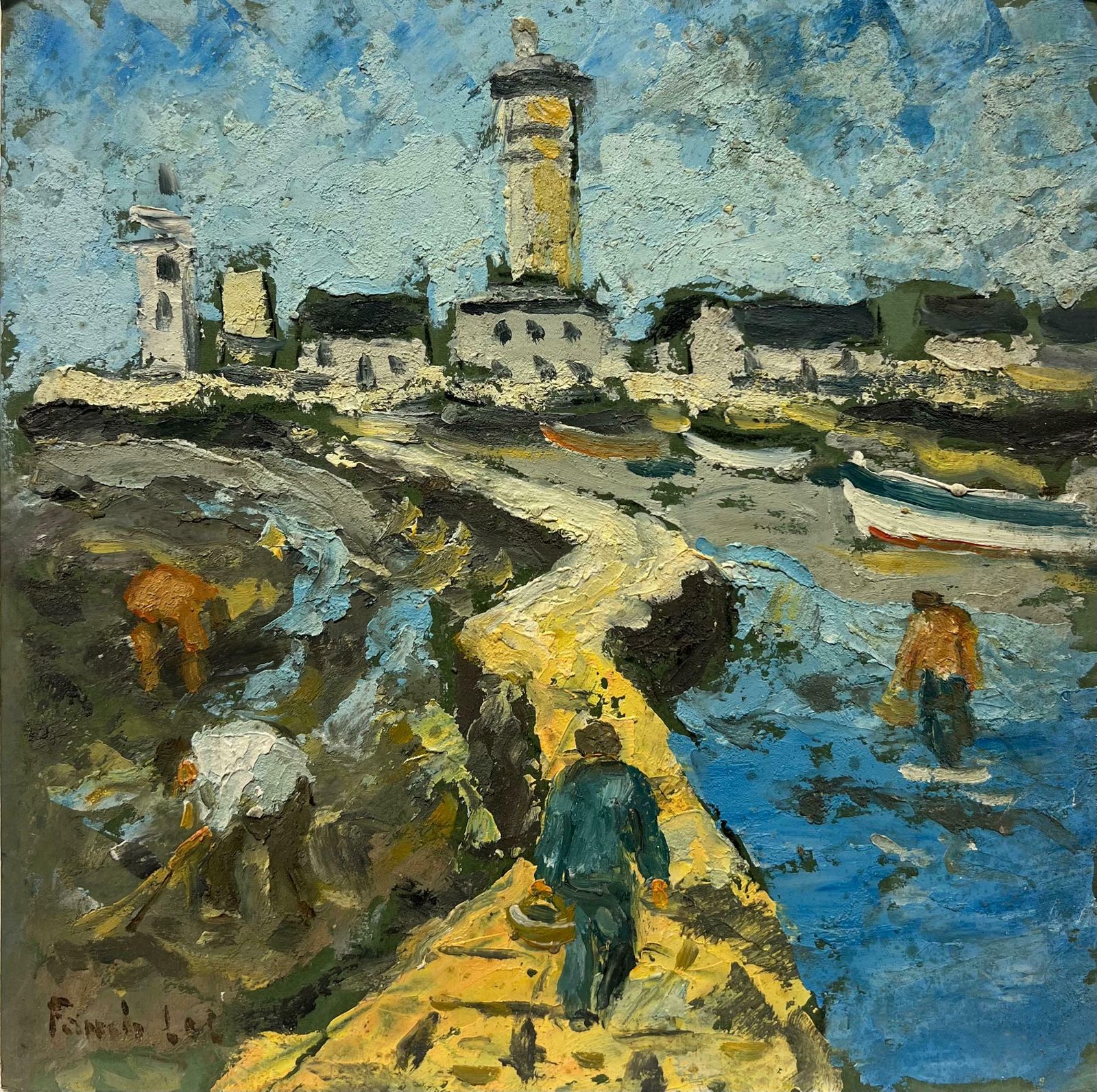 Fanch Lelcharming Lighthouse And Coastal Village Scene With Fishermen & Figures20th Century
