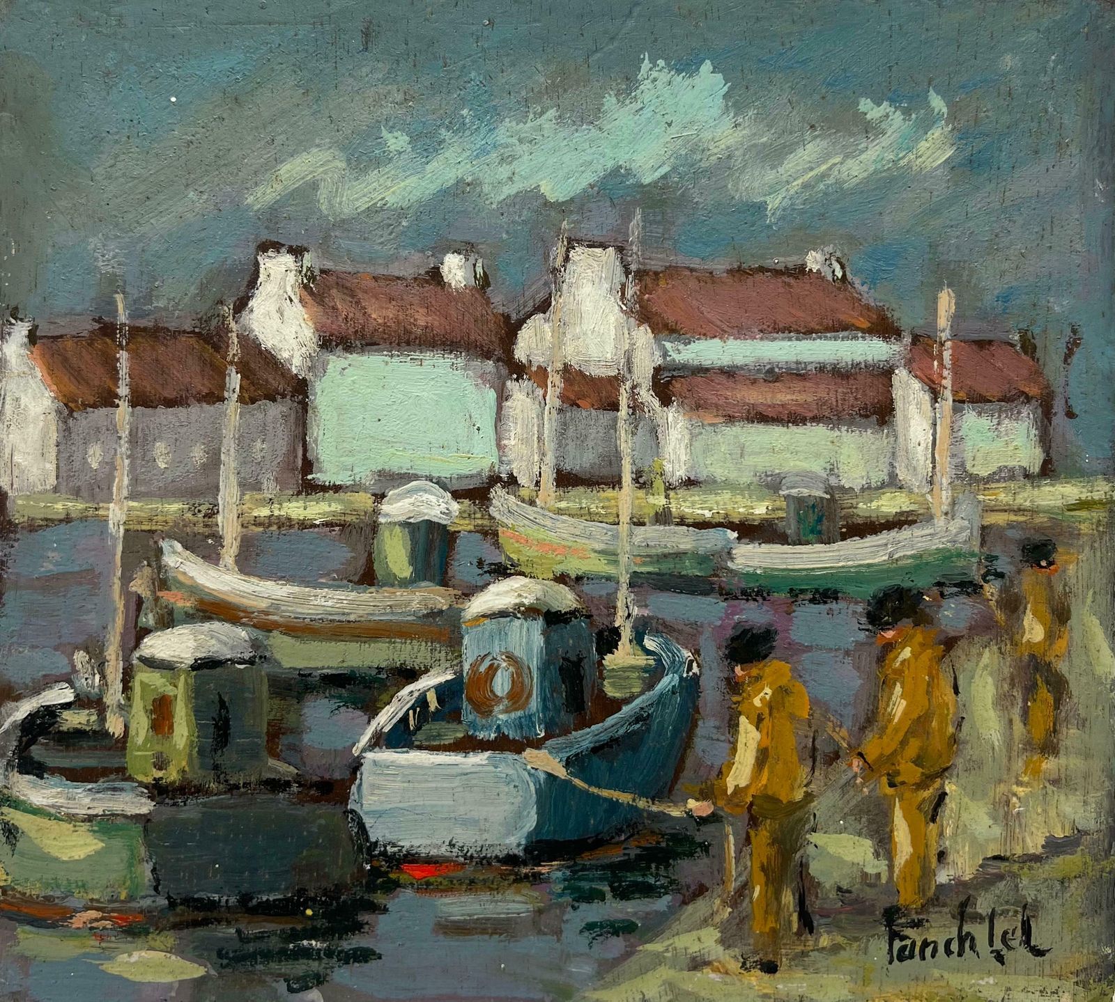 Fanch Lelcharming Harbor Scene With Fishing Boats And Fishermen In Orange Oilskins 20th Century