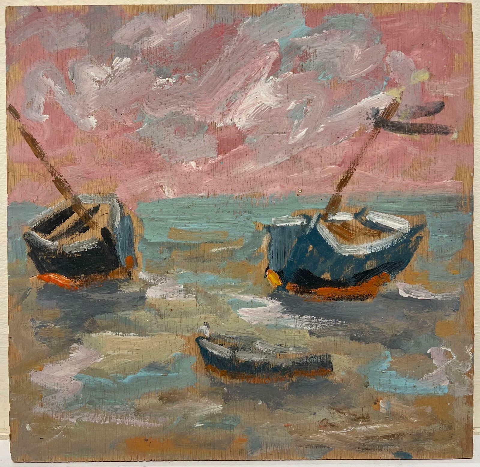 Fanch Lelbeached Blue Boats At Pink Sunset Coastal Scene French Oil Painting20th Century photo furniture