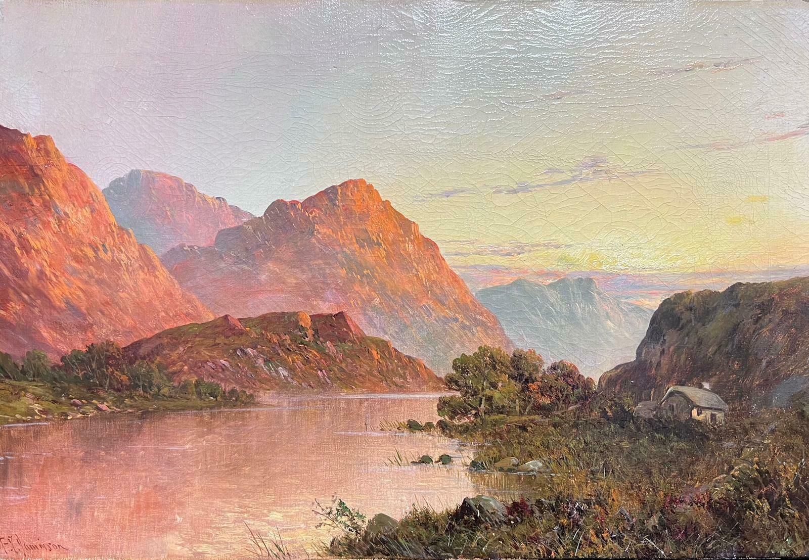 F. E. Jamiesonantique Scottish Highland Landscape Loch Warm Sunset Sky Signed Oil Painting