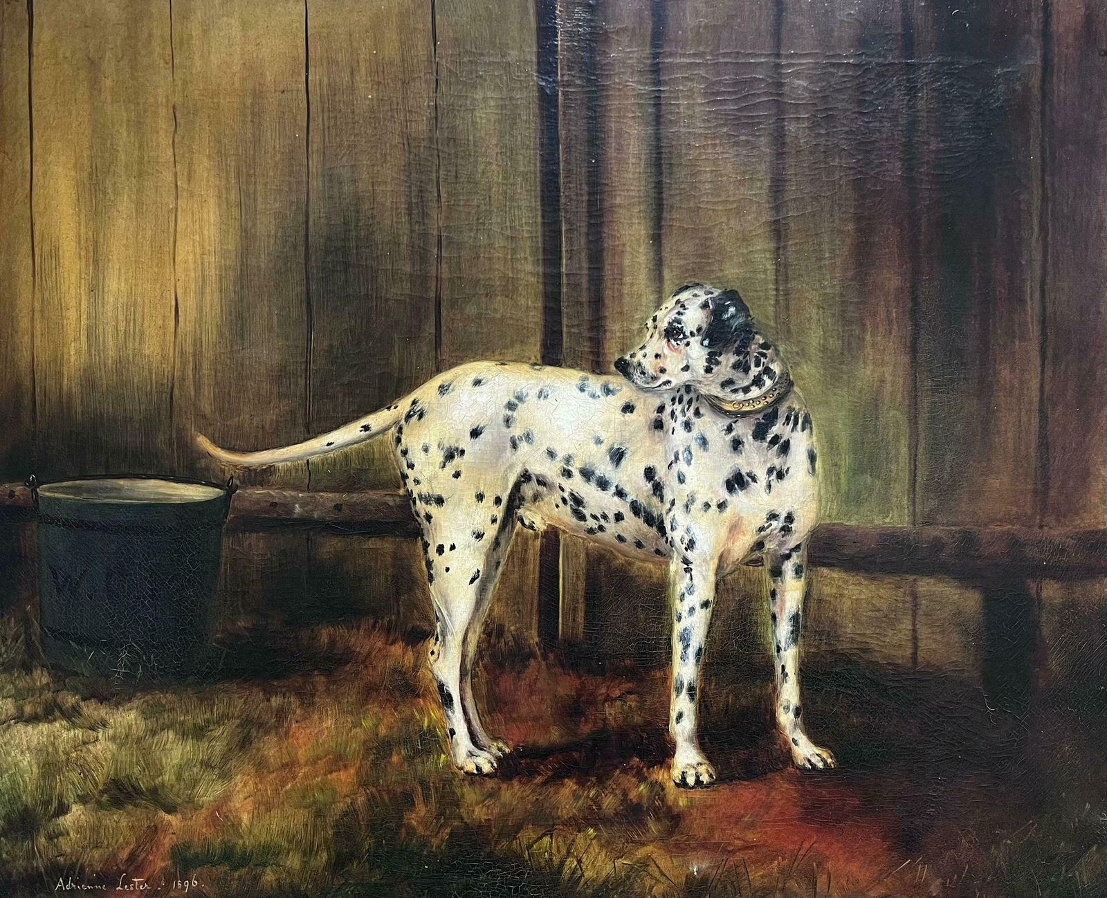 Adrienne Lesterantique British Dog Oil Painting Portrait Of Dalmatian Dog Signed & Dated 1896