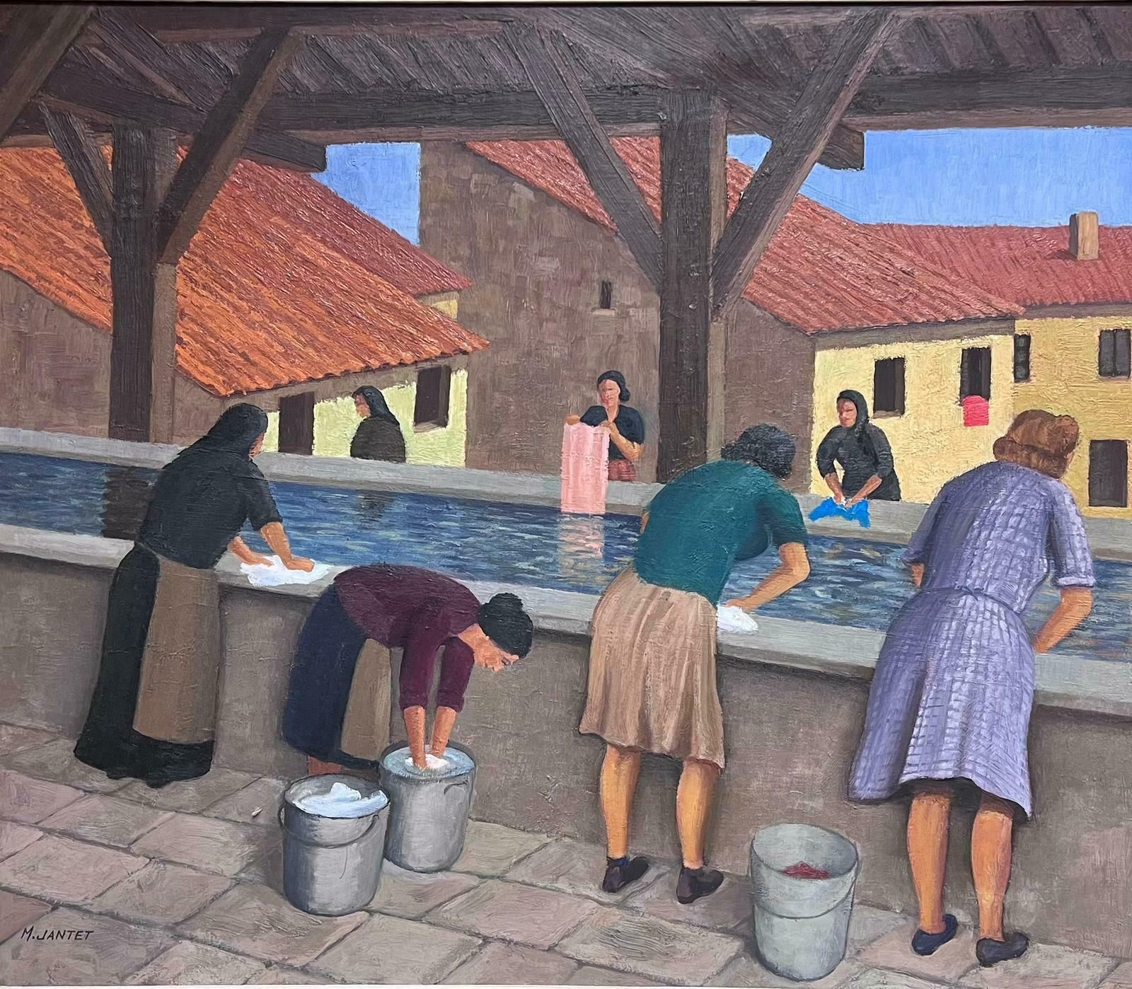 French Mid 20th Centurylarge 1950's French Signed Oil Painting Ladies Washing Clothes At Public Baths1950's