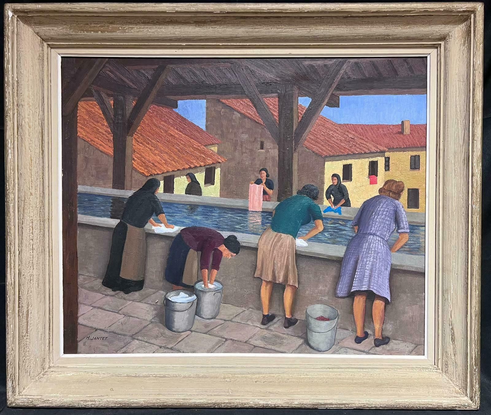 French Mid 20th Centurylarge 1950's French Signed Oil Painting Ladies Washing Clothes At Public Baths1950's photo furniture