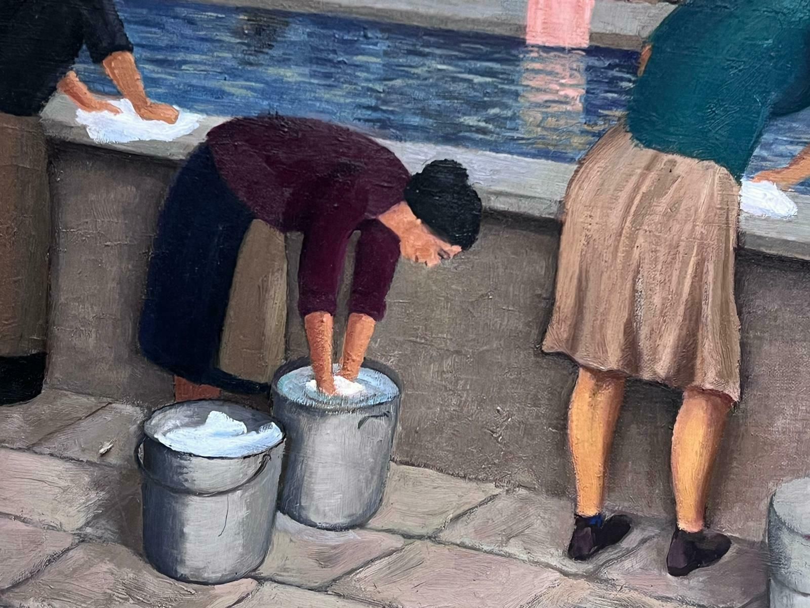 French Mid 20th Centurylarge 1950's French Signed Oil Painting Ladies Washing Clothes At Public Baths1950's photo vinterior