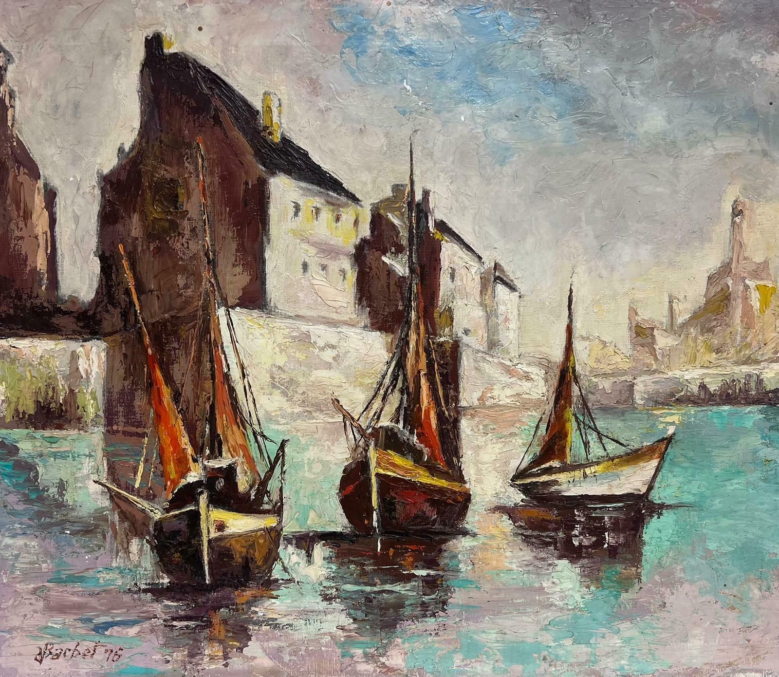 French School1970's French Modernist Signed Oil Painting Three Fishing Boats In Sleepy Harbou