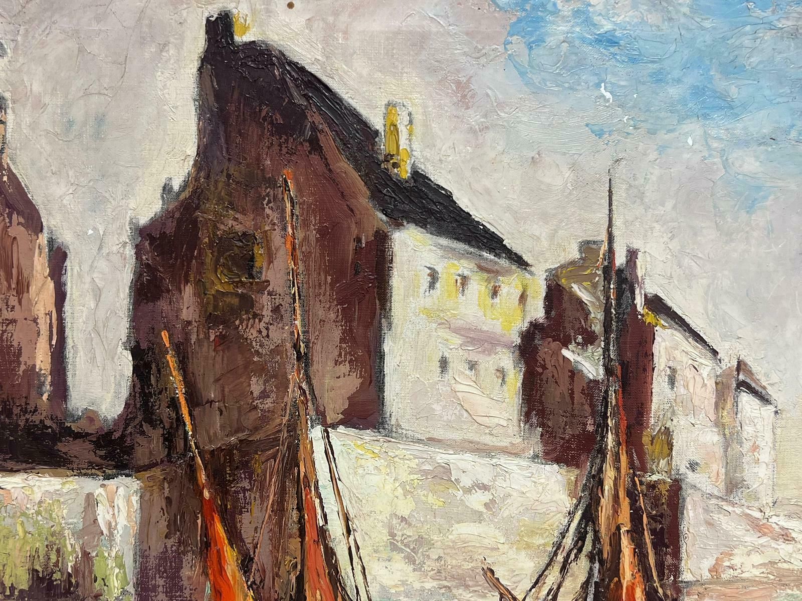 French School1970's French Modernist Signed Oil Painting Three Fishing Boats In Sleepy Harbou photo for sale