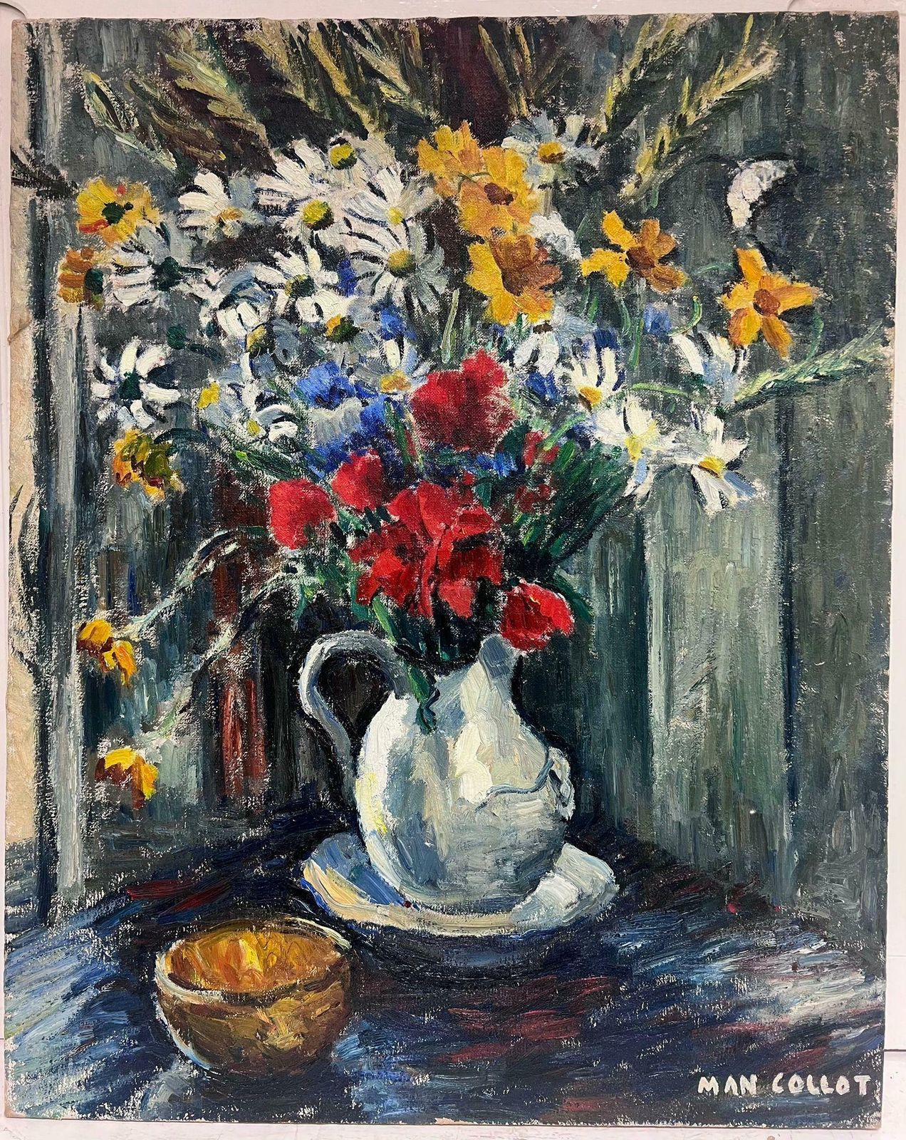 French Schoolfrench 1950's Signed Large Oil Painting Colourful Flowers In Vase Still Life photo furniture