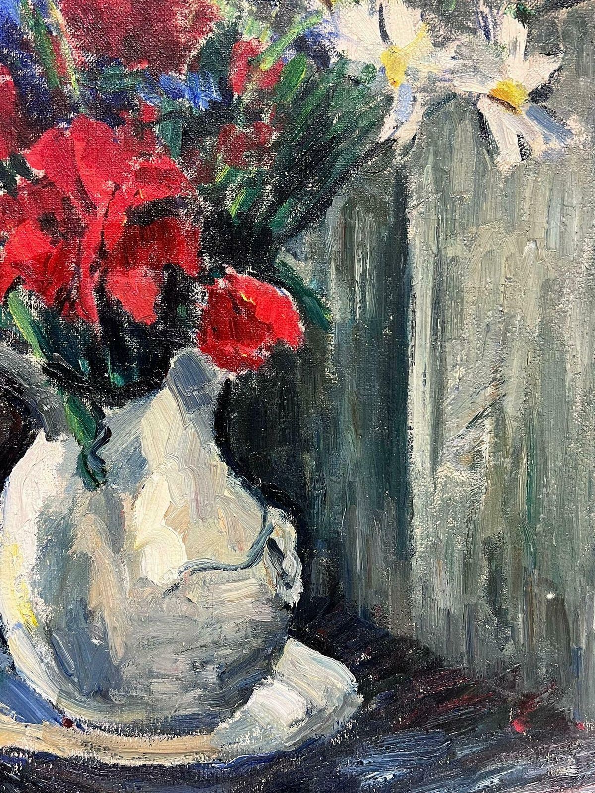photo furniture French Schoolfrench 1950's Signed Large Oil Painting Colourful Flowers In Vase Still Life