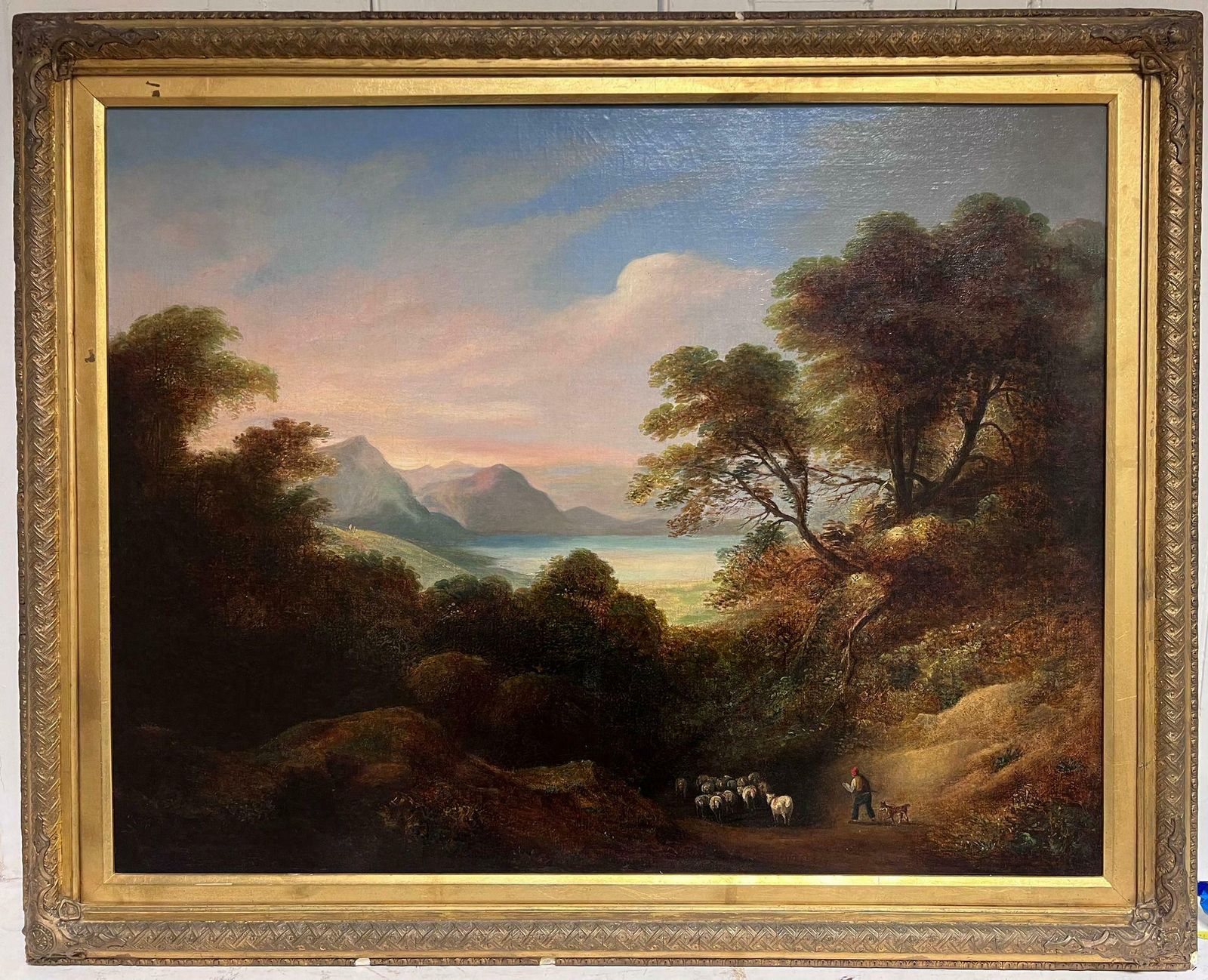 Irish Mid 19thchuge 1850's Irish Romantic Sunset Landscape Over Lough Waters & Mountainsc. 1850's