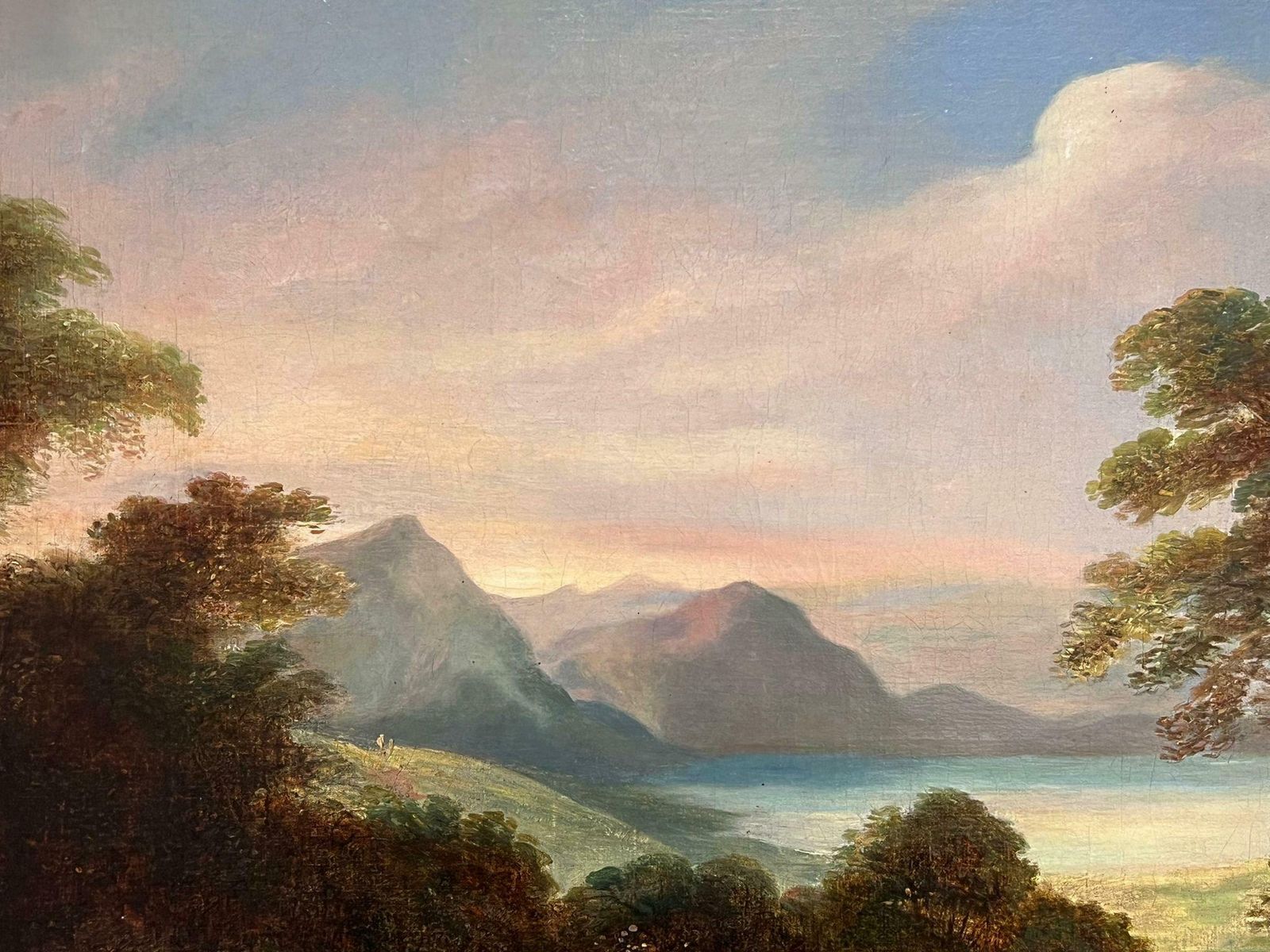 Irish Mid 19thchuge 1850's Irish Romantic Sunset Landscape Over Lough Waters & Mountainsc. 1850's photo for sale