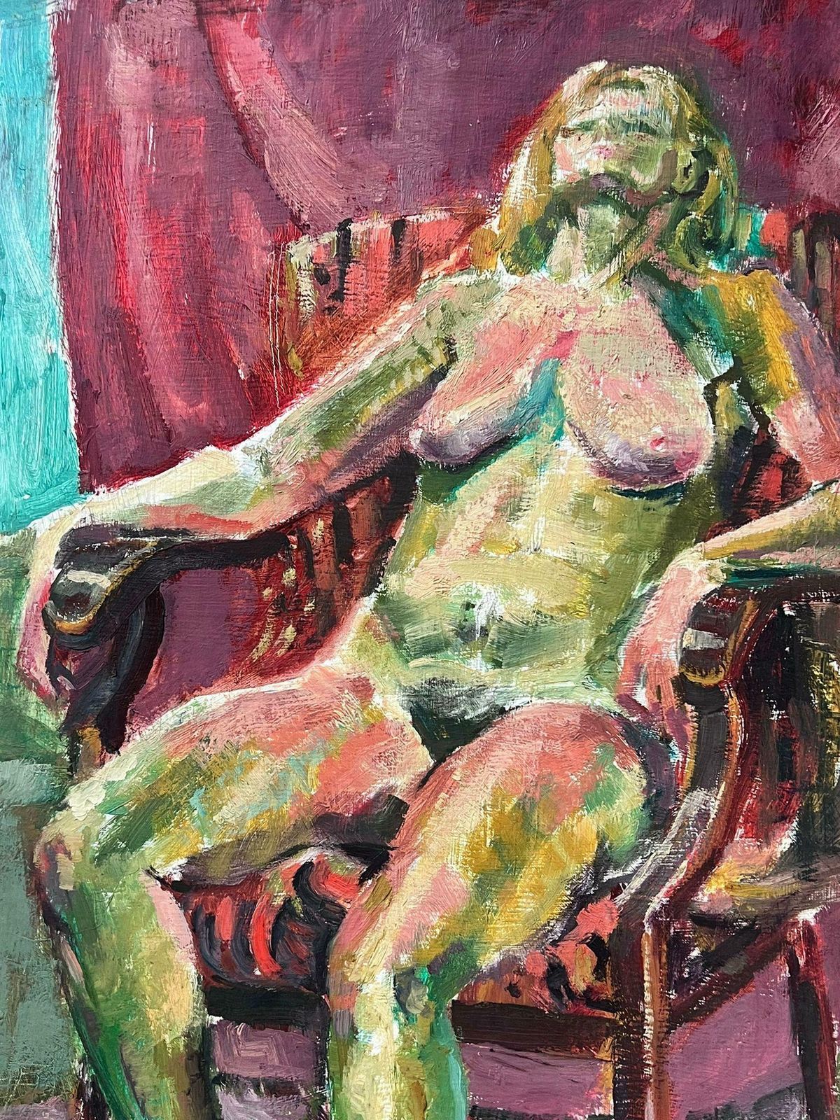 Helen Greenfield1980's British Modernist Oil Painting Nude Lady Reclining In Chair photo for sale