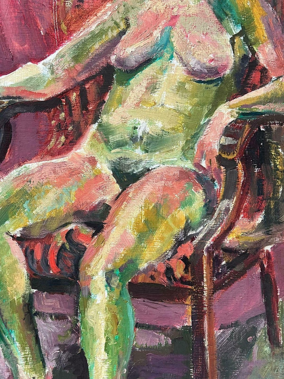 Helen Greenfield1980's British Modernist Oil Painting Nude Lady Reclining In Chair photo buy