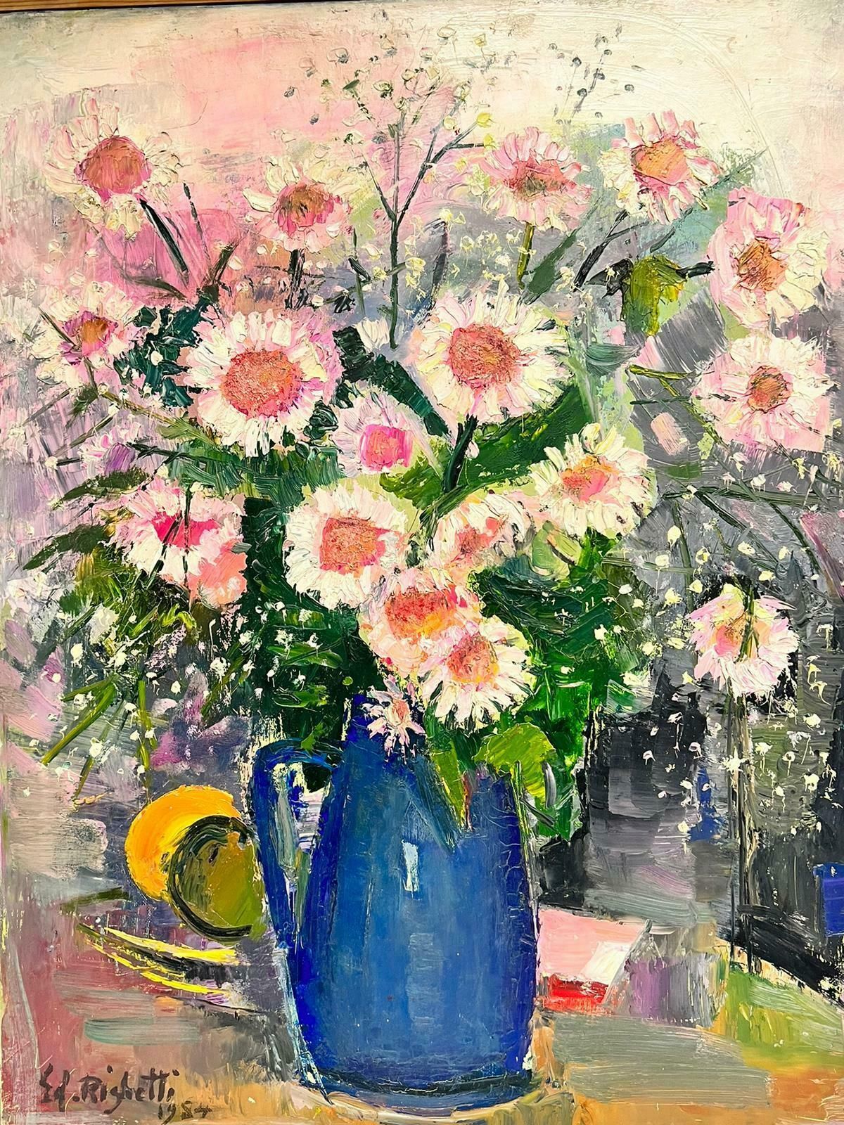 édouard Righetti (1924 2001)original French Mid Century Post Impressionist Oil Pink Flowers In Blue Vase1980's photo furniture
