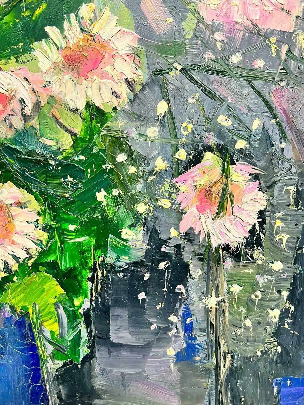 édouard Righetti (1924 2001)original French Mid Century Post Impressionist Oil Pink Flowers In Blue Vase1980's photo vintage