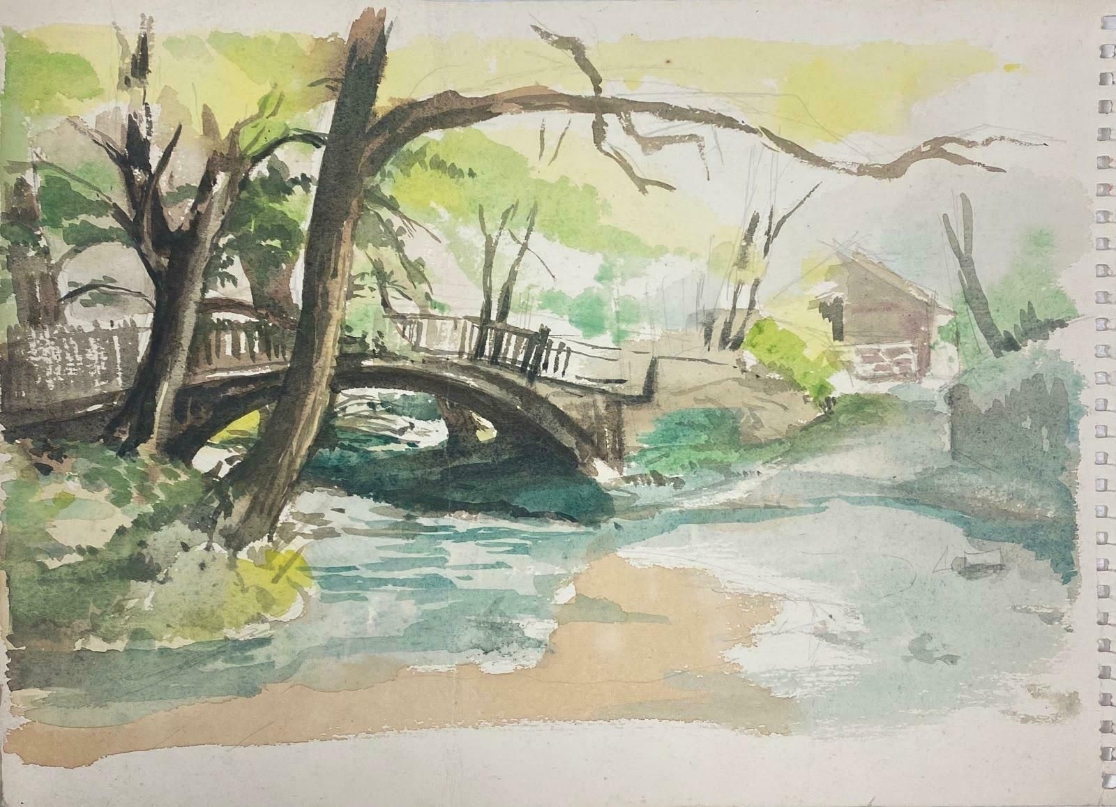 Frank Duffieldbritish Impressionist Painting Bridge And Flowing River In The Countryside Mid 20th Century photo furniture