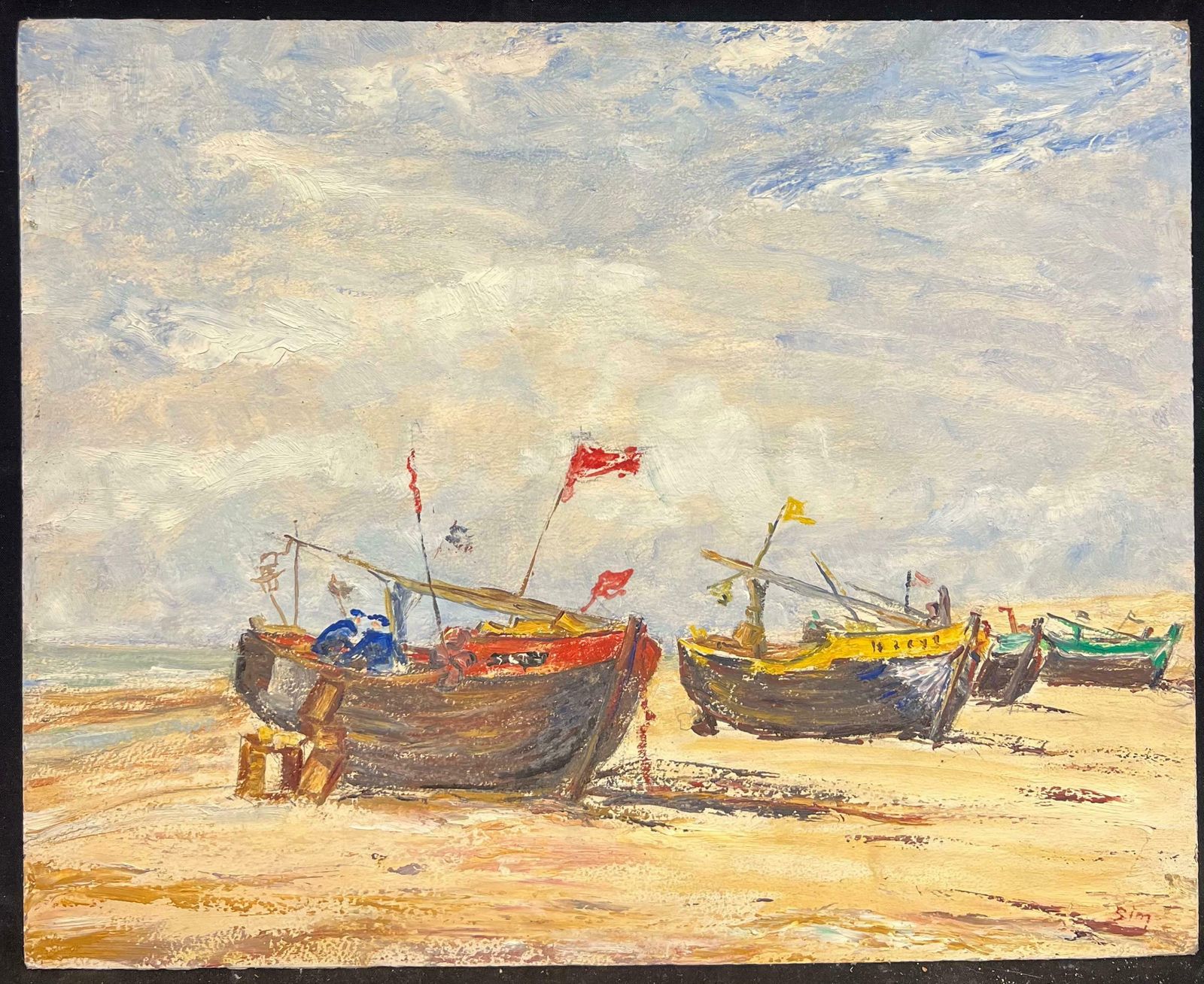 Simone Forge1950's French Impressionist Colorful Fishing Boats Resting On The Beach Oil19th Century photo furniture