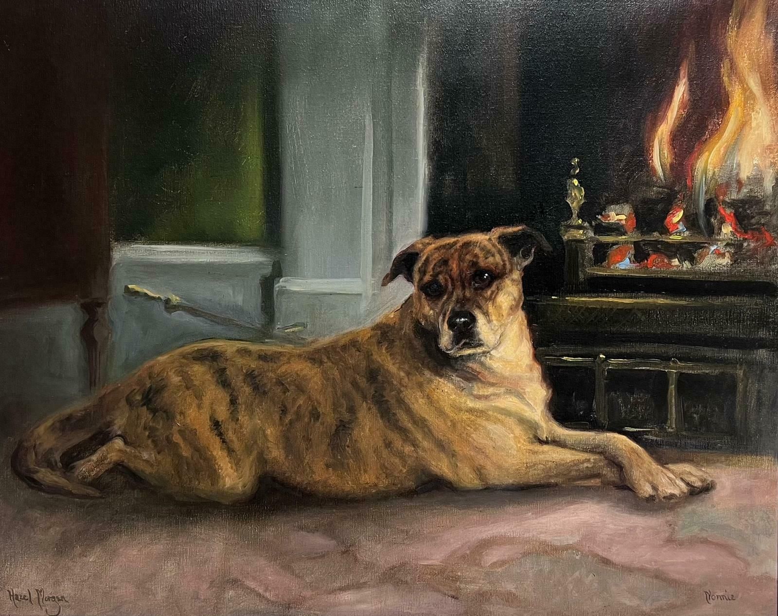 Hazel Morganenglish Dog Oil Painting Boxer Dog Beside Open Fireplace In Home Signed Original