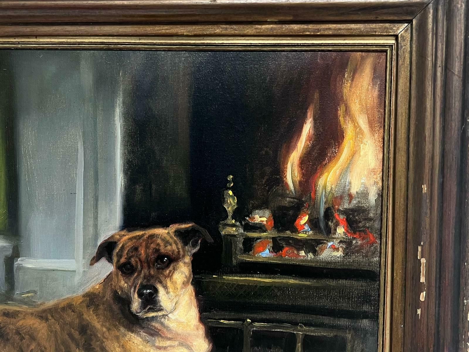 Hazel Morganenglish Dog Oil Painting Boxer Dog Beside Open Fireplace In Home Signed Original photo for sale