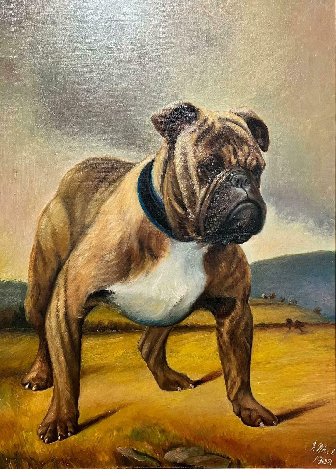 J Whitebritish Bulldog Original 1900's English Dog Painting Portrait Of Bulldog Signed photo furniture