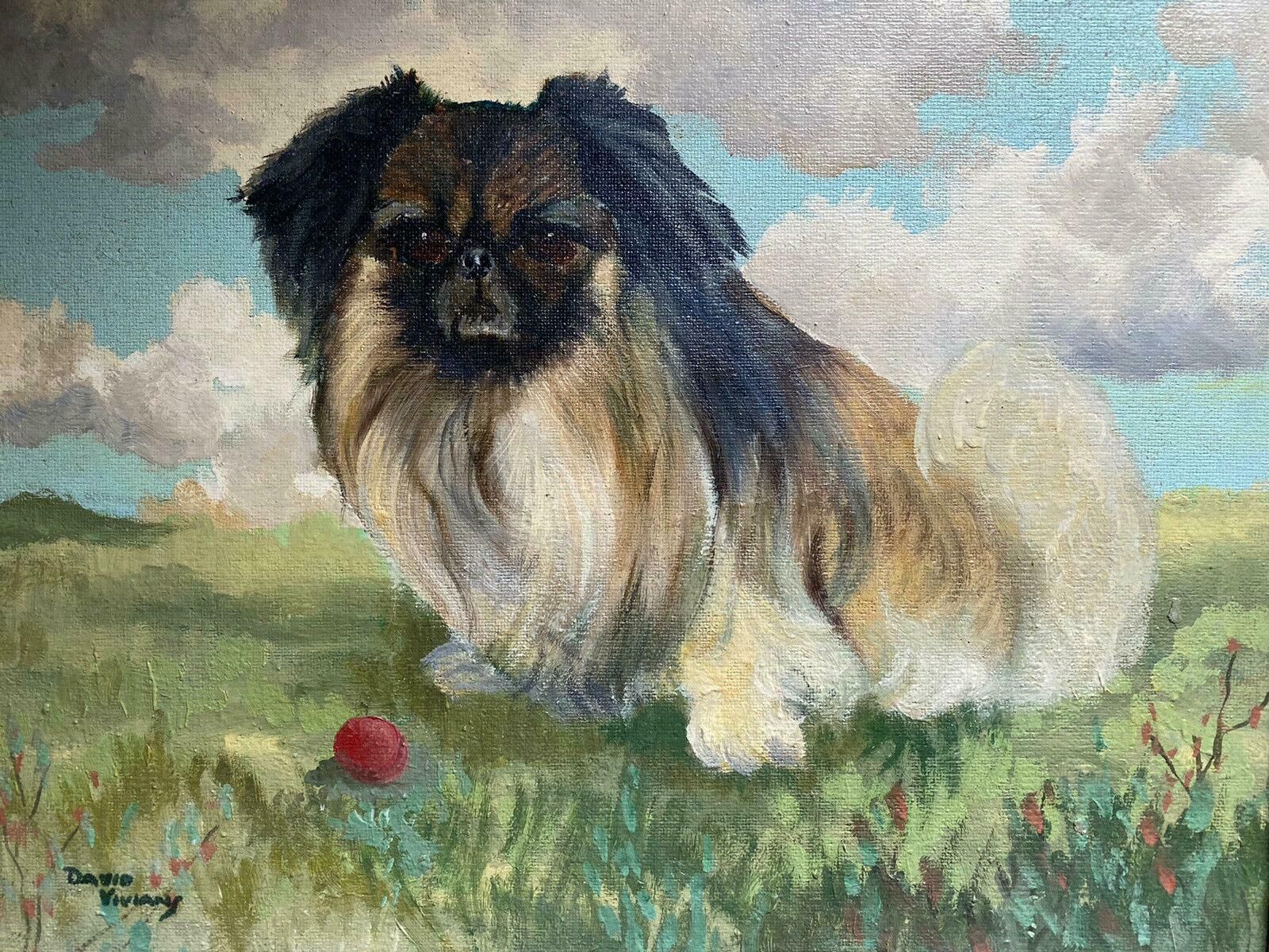 David Viviansigned 1950's English Dog Oil Painting   The Pekingese With Ball In Landscapec. 1960's