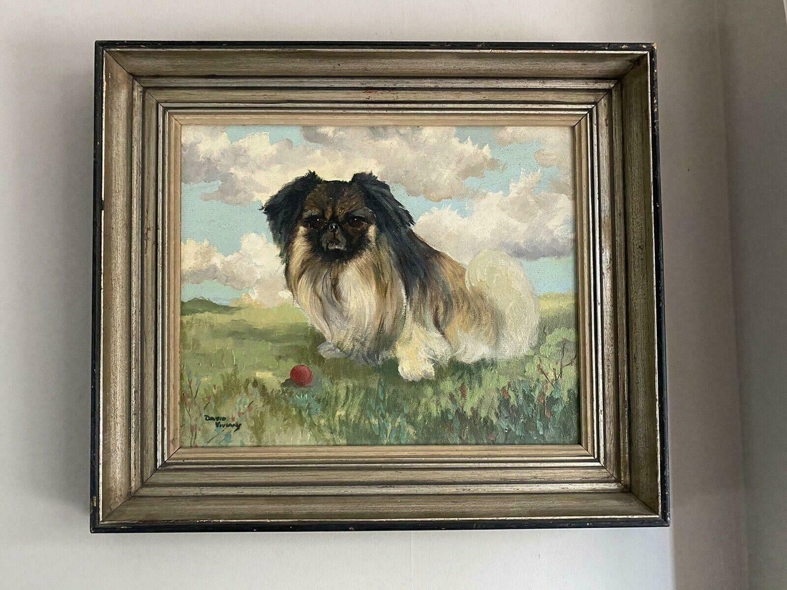 David Viviansigned 1950's English Dog Oil Painting   The Pekingese With Ball In Landscapec. 1960's photo furniture