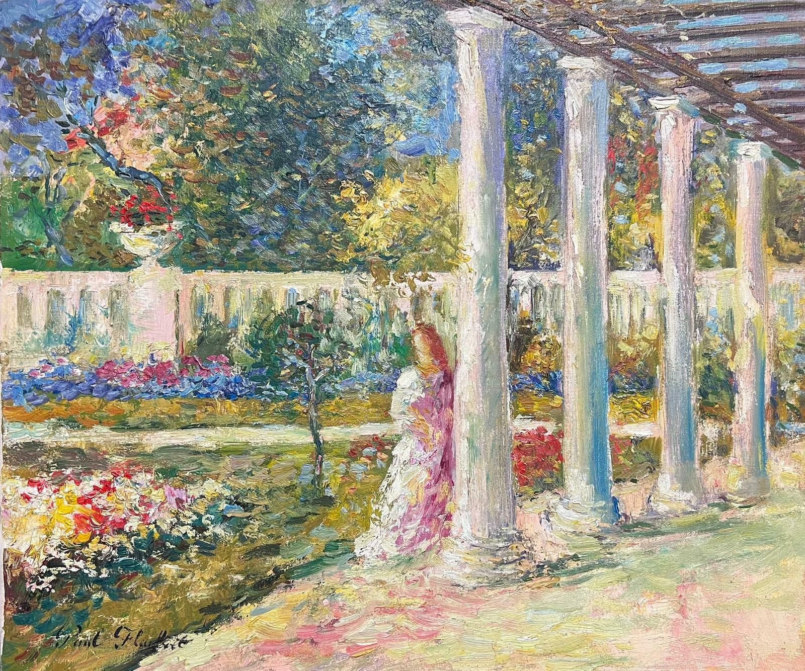 Paul Flaubertfrench Impressionist Signed Oil Painting Elegant Lady Pretty Flower Garden