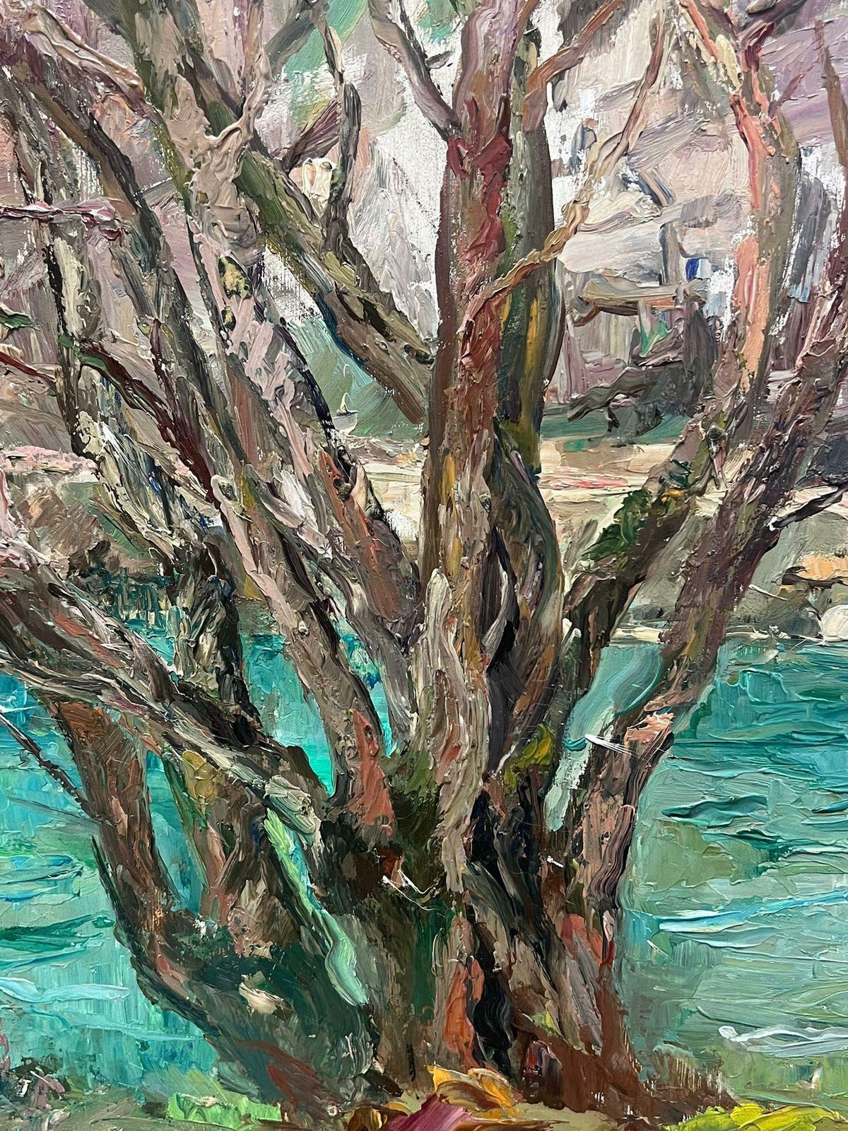 Regine Davidmid 20th Century 1950's French Post Impressionist Oil Old Tree By Blue River1950's photo for sale