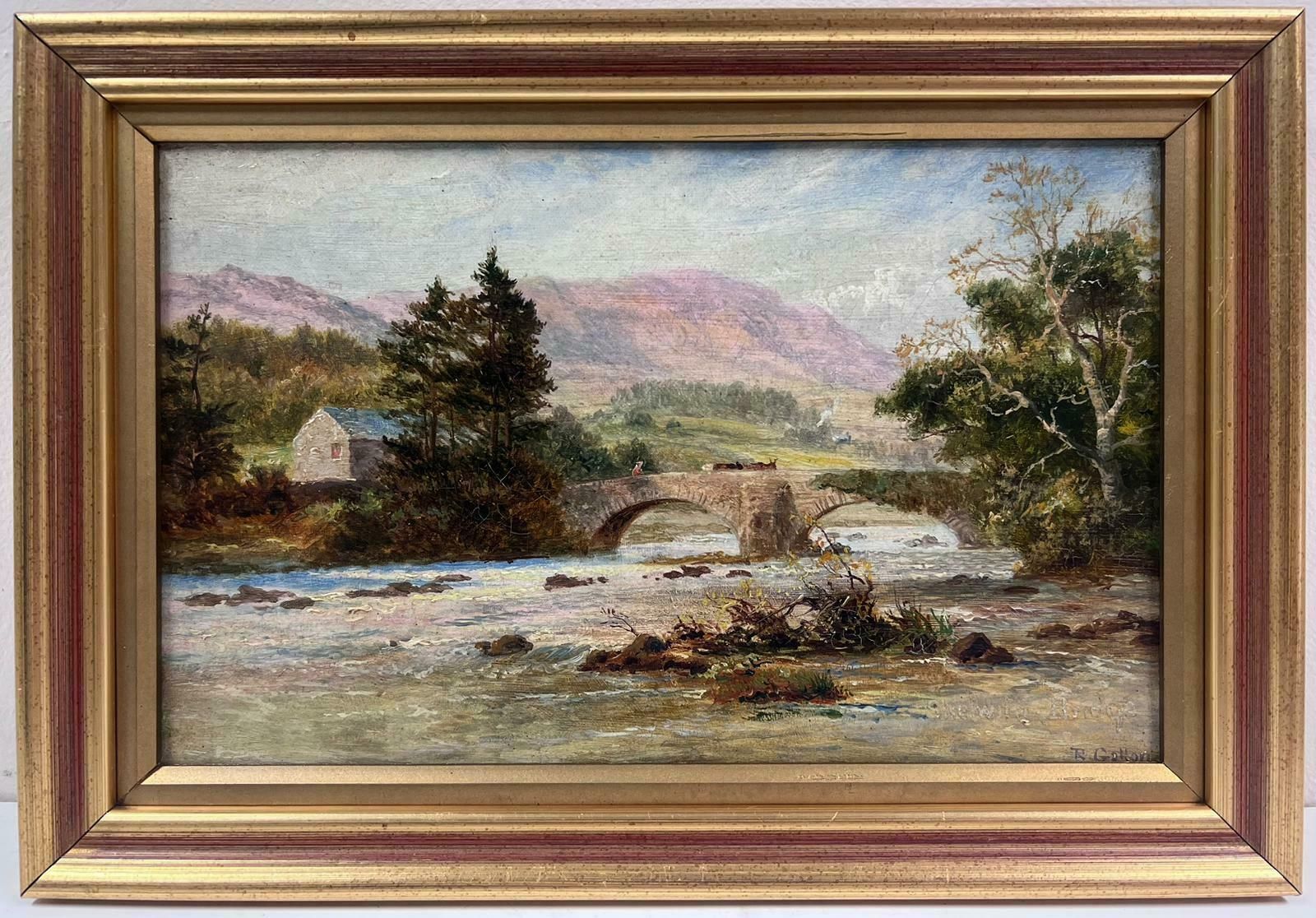Scottish Schoolantique Scottish Signed Oil Painting Cattle Over Stone Bridge Highland River