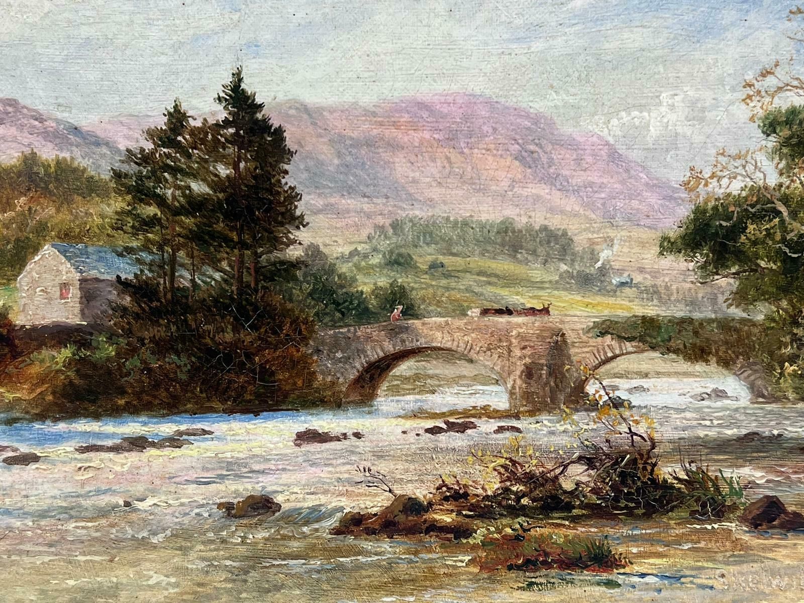 Scottish Schoolantique Scottish Signed Oil Painting Cattle Over Stone Bridge Highland River photo 1016.0