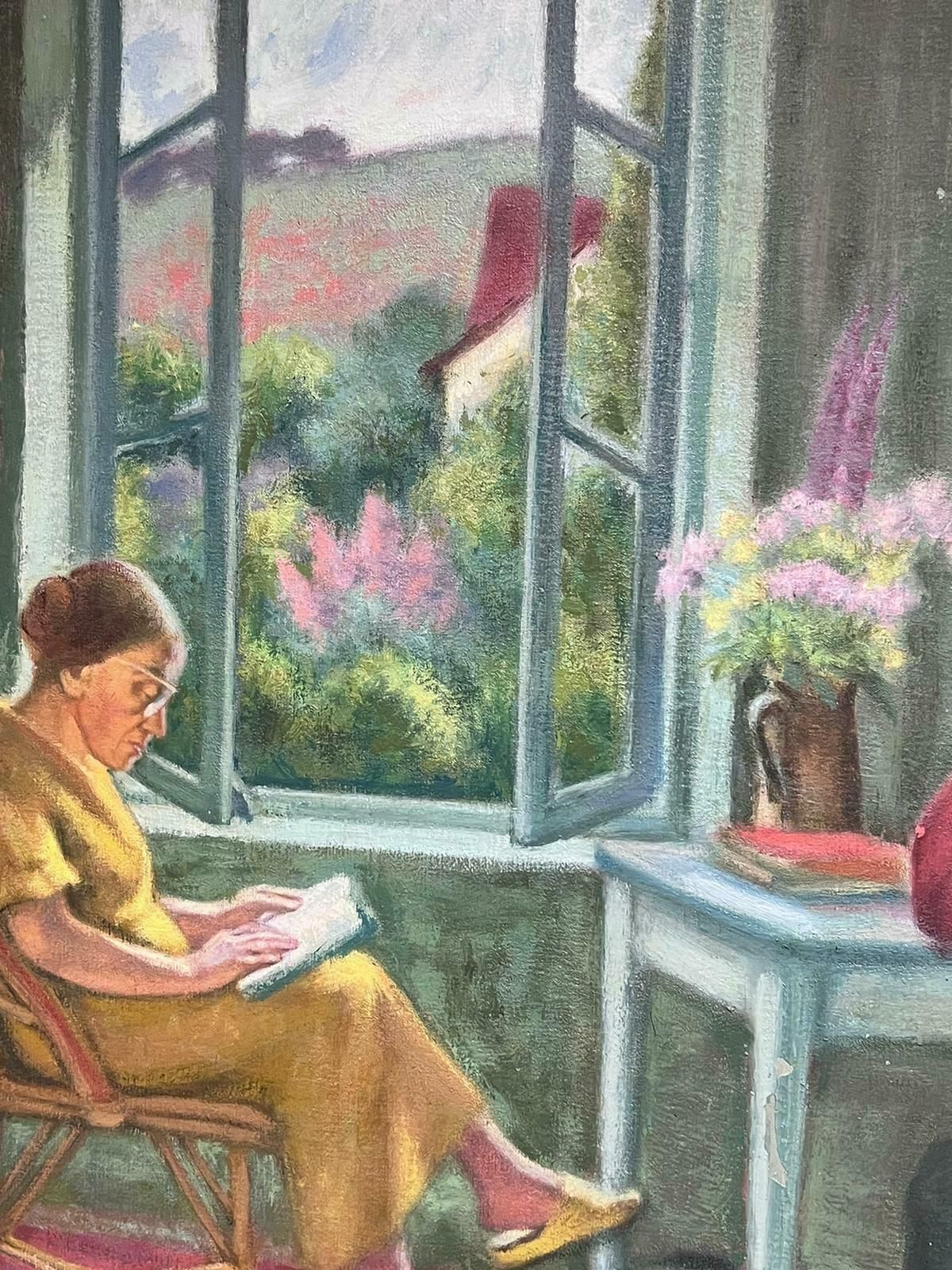 Jacob Markiellarge French/ Polish Modernist Oil Painting Interior Room Figures Reading & Dog photo for sale
