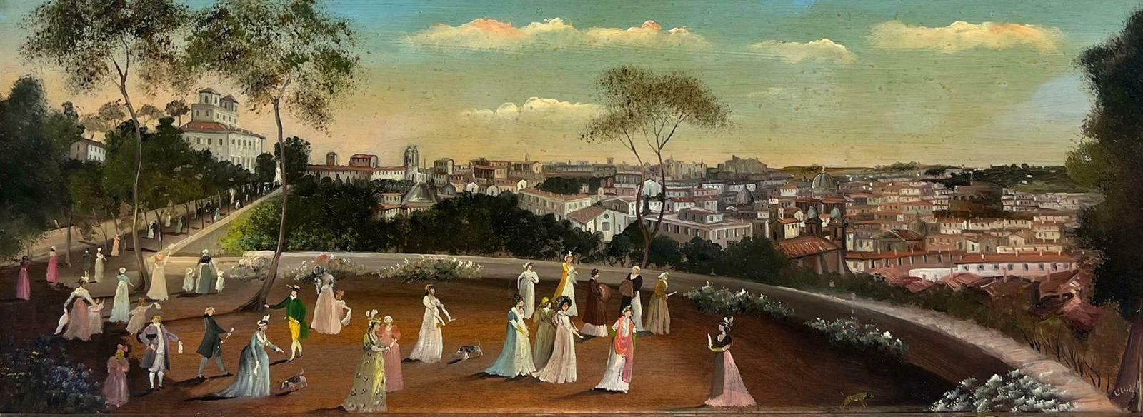 Italian Schoolelegant Figures Promenading In Park Overlooking City Of Florence Skyline, Signed