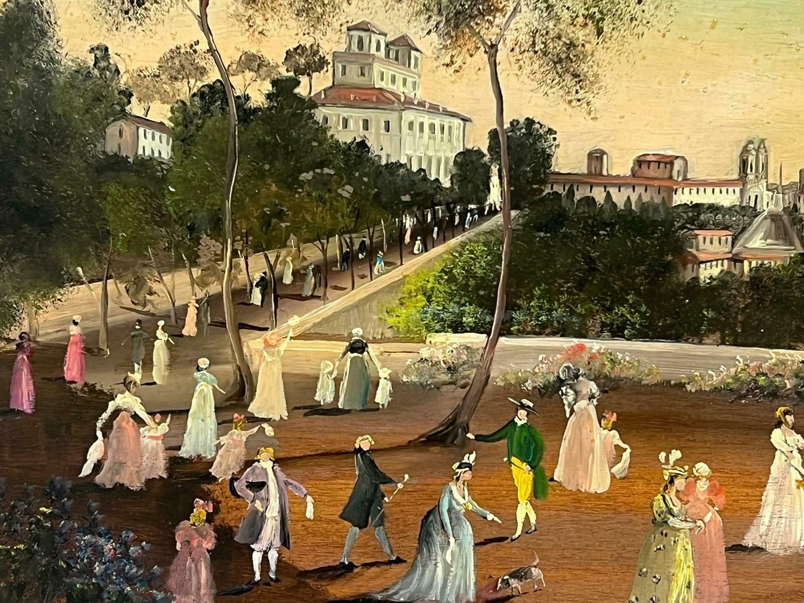 Italian Schoolelegant Figures Promenading In Park Overlooking City Of Florence Skyline, Signed photo Art
