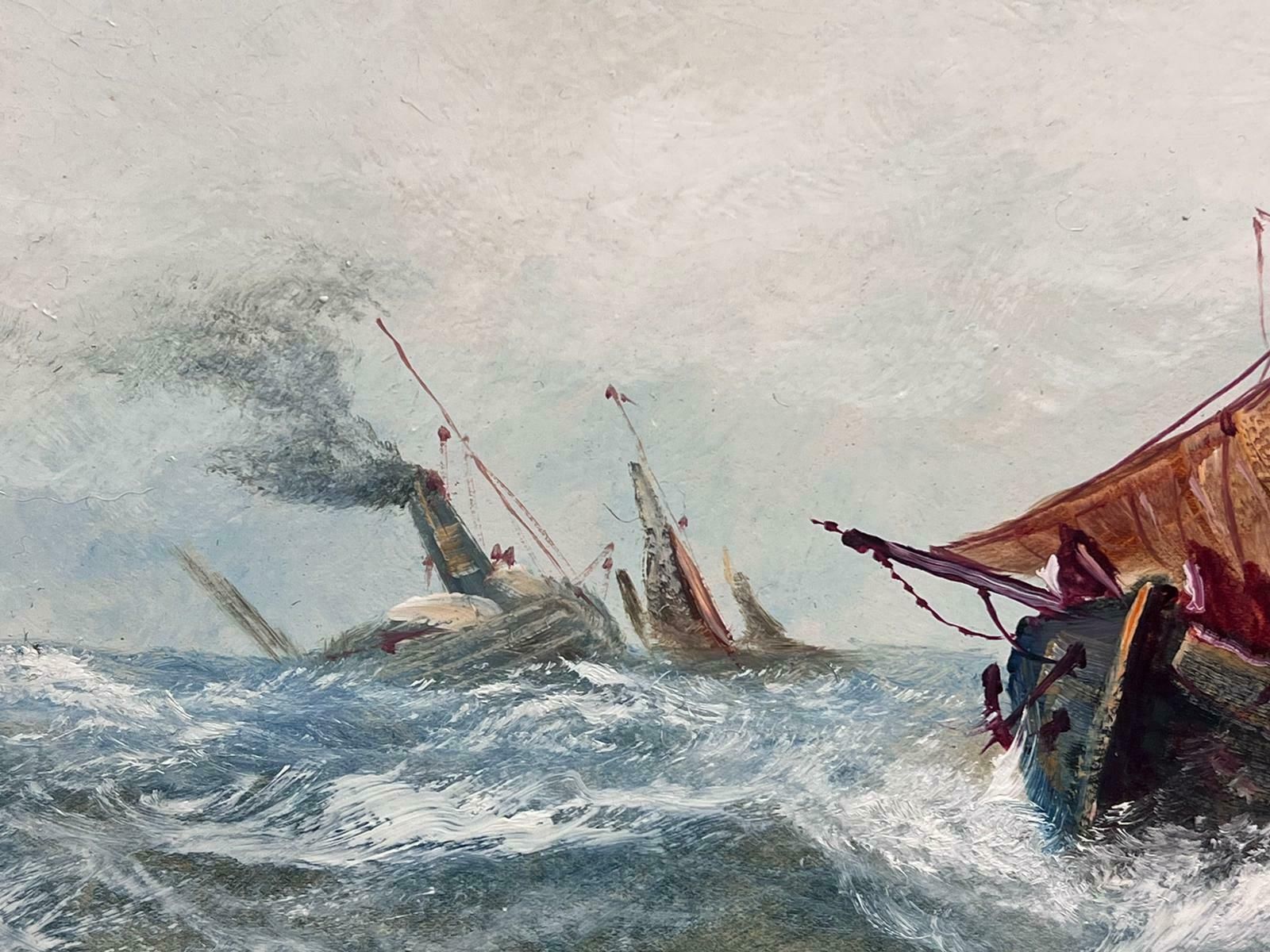 19th Century English School.Antique English Marine Oil Painting Shipping In Rough Seas Off Harbor Coast photo for sale