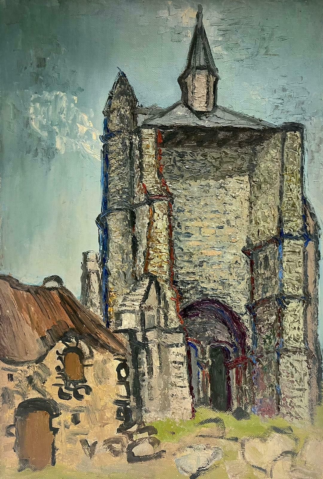 French School 1960's French Post Impressionist Oil Painting Stony Church Building Thick Impaso
