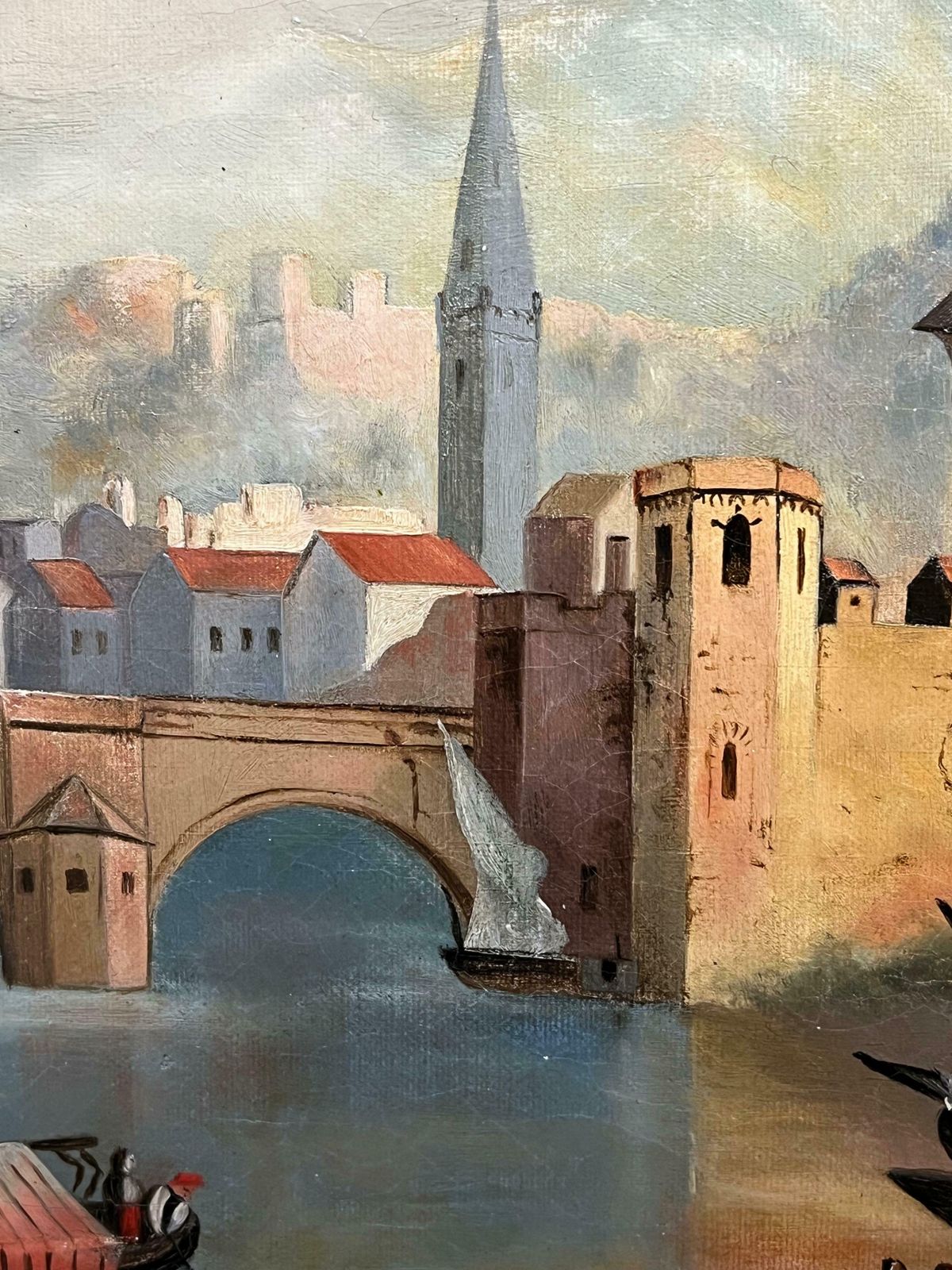 French School19th Century French Oil Painting Old Chateau Castles On Lake Side Town19th Century photo 1031.0