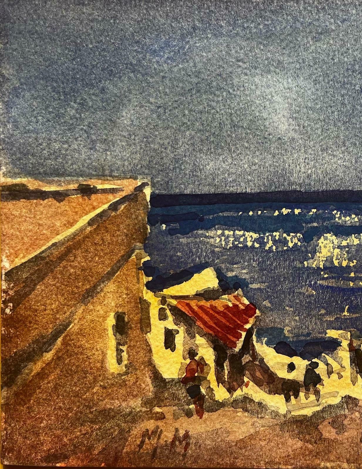 Unknownfrench Impressionist Watercolor Landscape Seaside Town With Azure Sea20th Century photo for sale