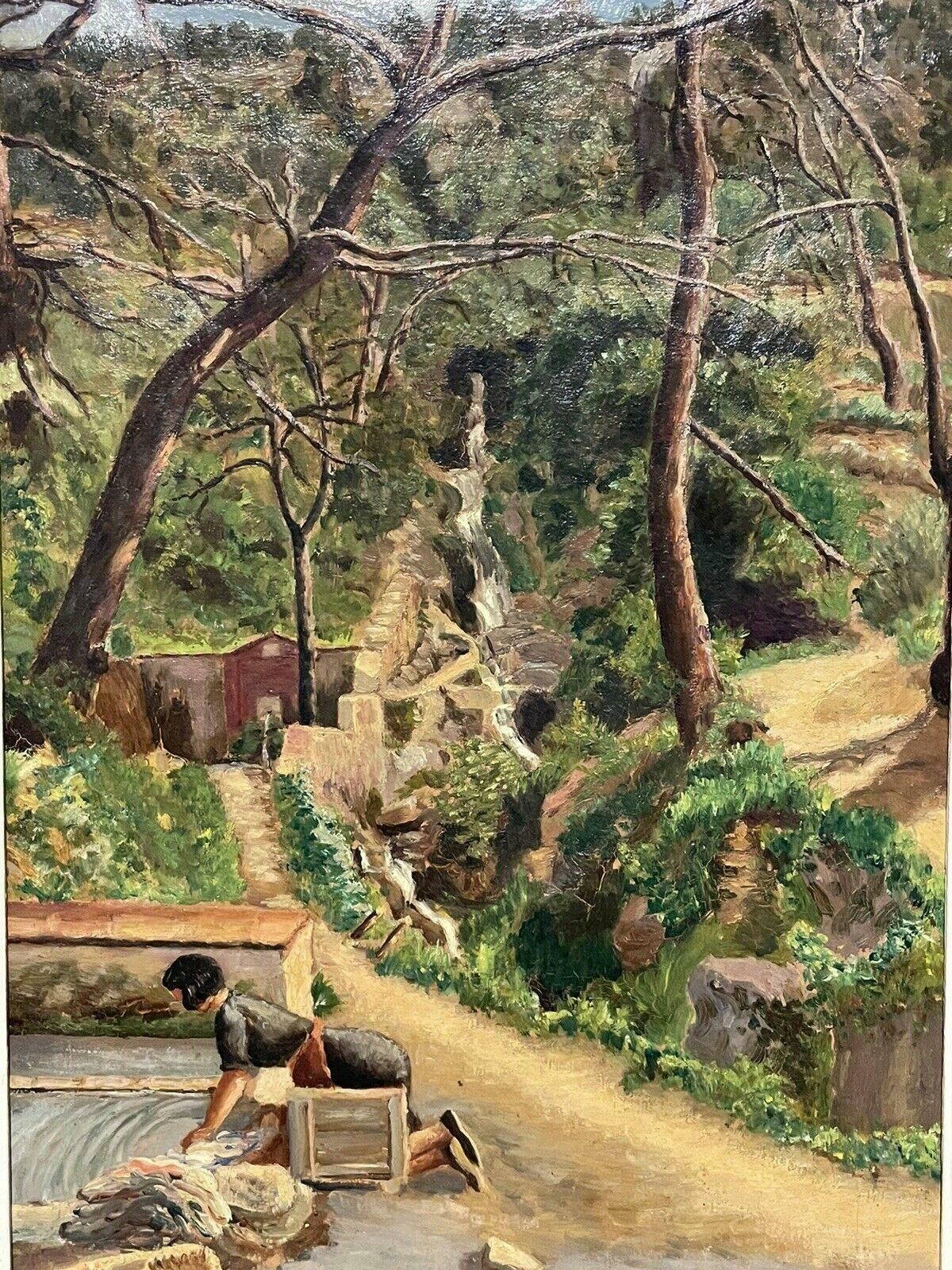 French Artist1930's French Impressionist Signed Oil   La Lavandiere Village Stream & Woodland photo for sale
