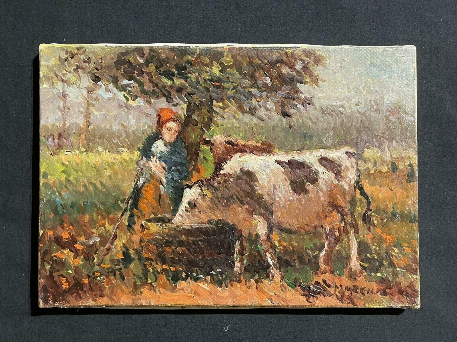 Maurice Mazeiliemaurice Mazeilie French Impressionist Signed Oil   Cattle Watering Under Tree photo furniture