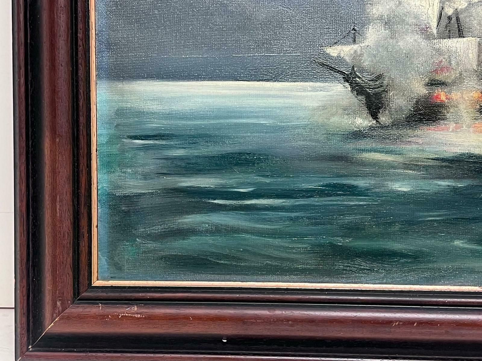 Gordon Wood Armstrongbattle Ships At Sea Naval Engagement Signed British Oil Painting photo for sale