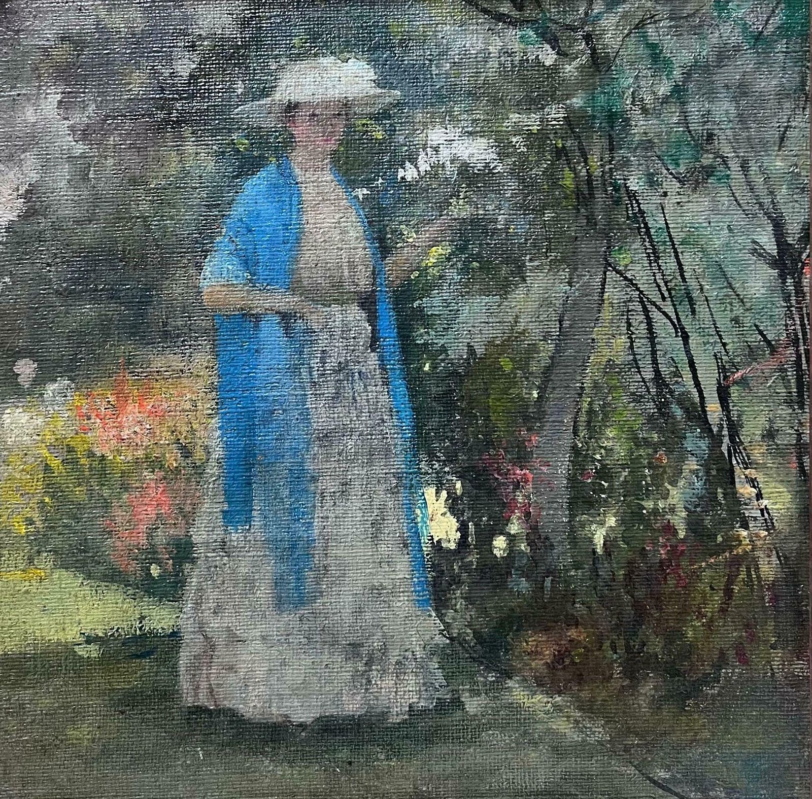 French School Nabis School Early 1900s French Oil Painting Lady In Blue Scarf In Floral Garden1900's