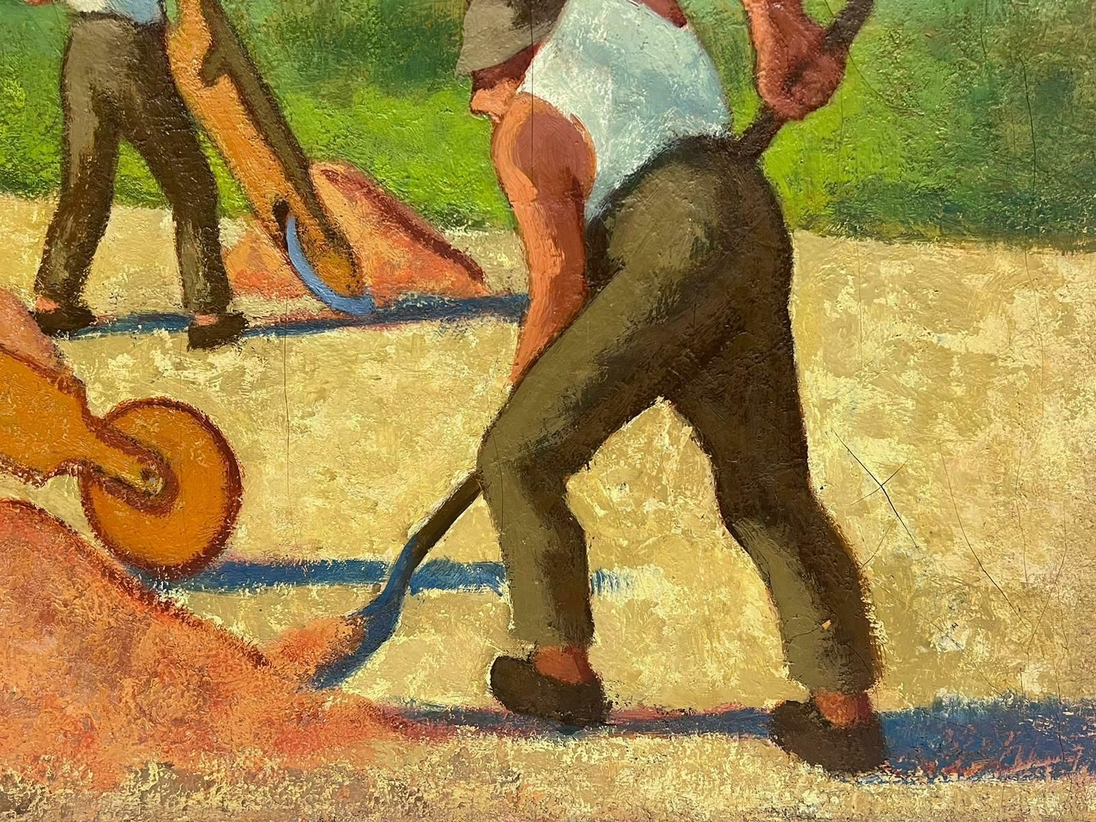French School 1950's French Modernist Oil Men Manual Labour Working In Field With Wheelbarrows1950's photo for sale