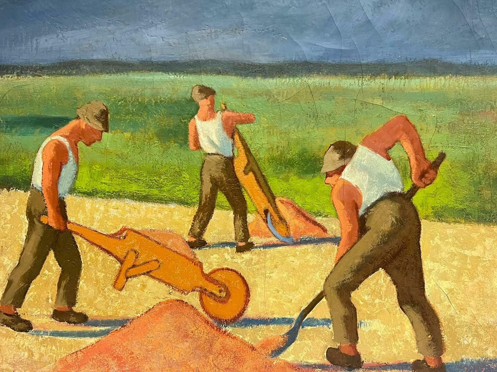 French School 1950's French Modernist Oil Men Manual Labour Working In Field With Wheelbarrows1950's photo vinterior