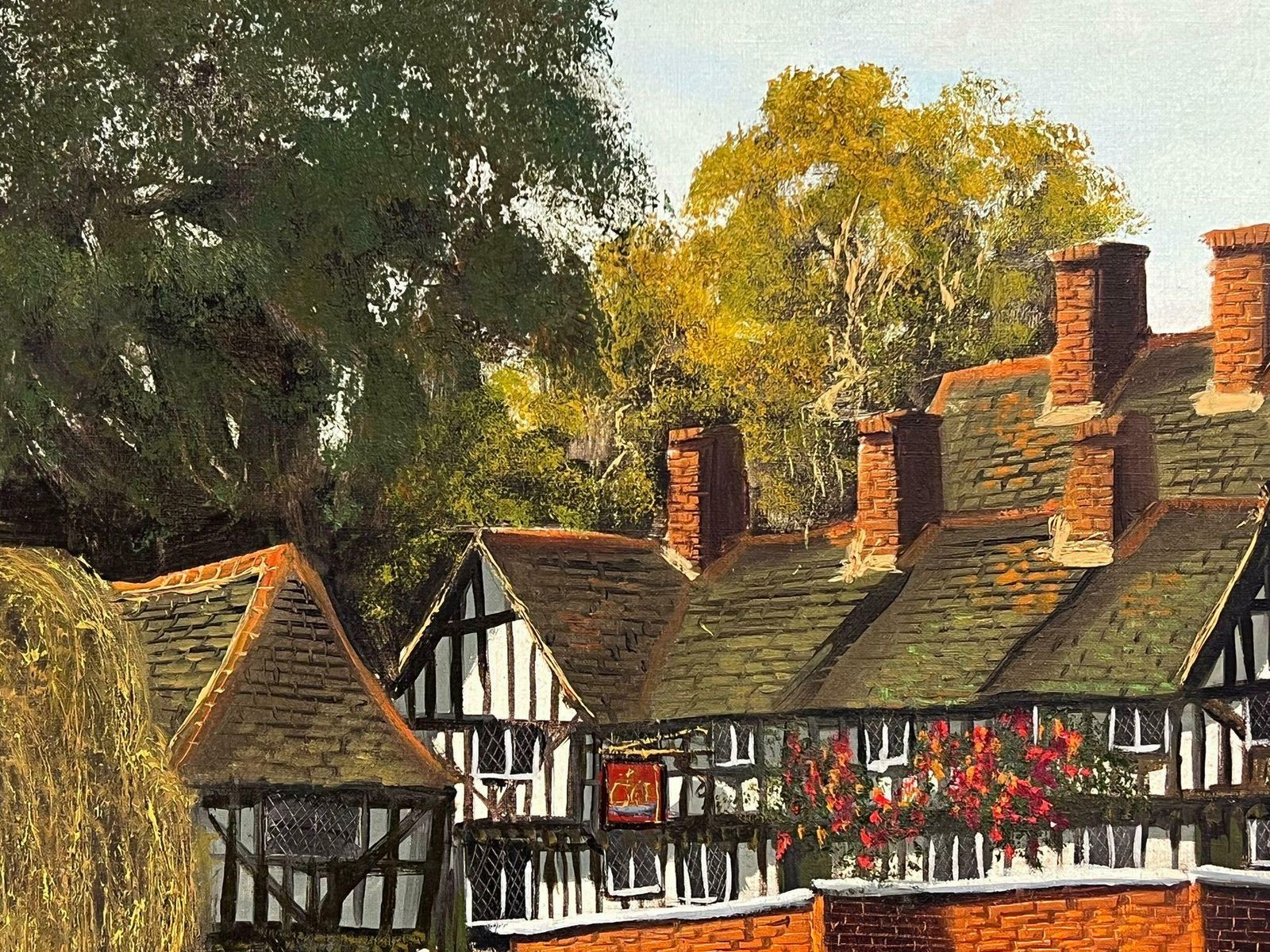 British School Large Old Tudor Coaching Inn By River Landscape & Swans Very Large English Oil photo furniture