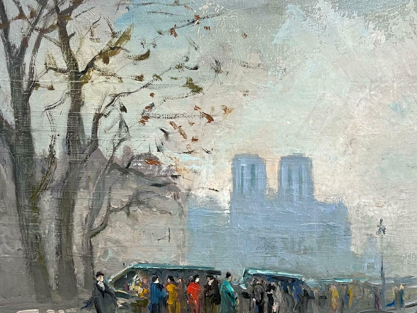 French School1950's Moody Paris Oil City Skyline Notre Dame & Bouquinistes River Seine Banks1950's photo Art