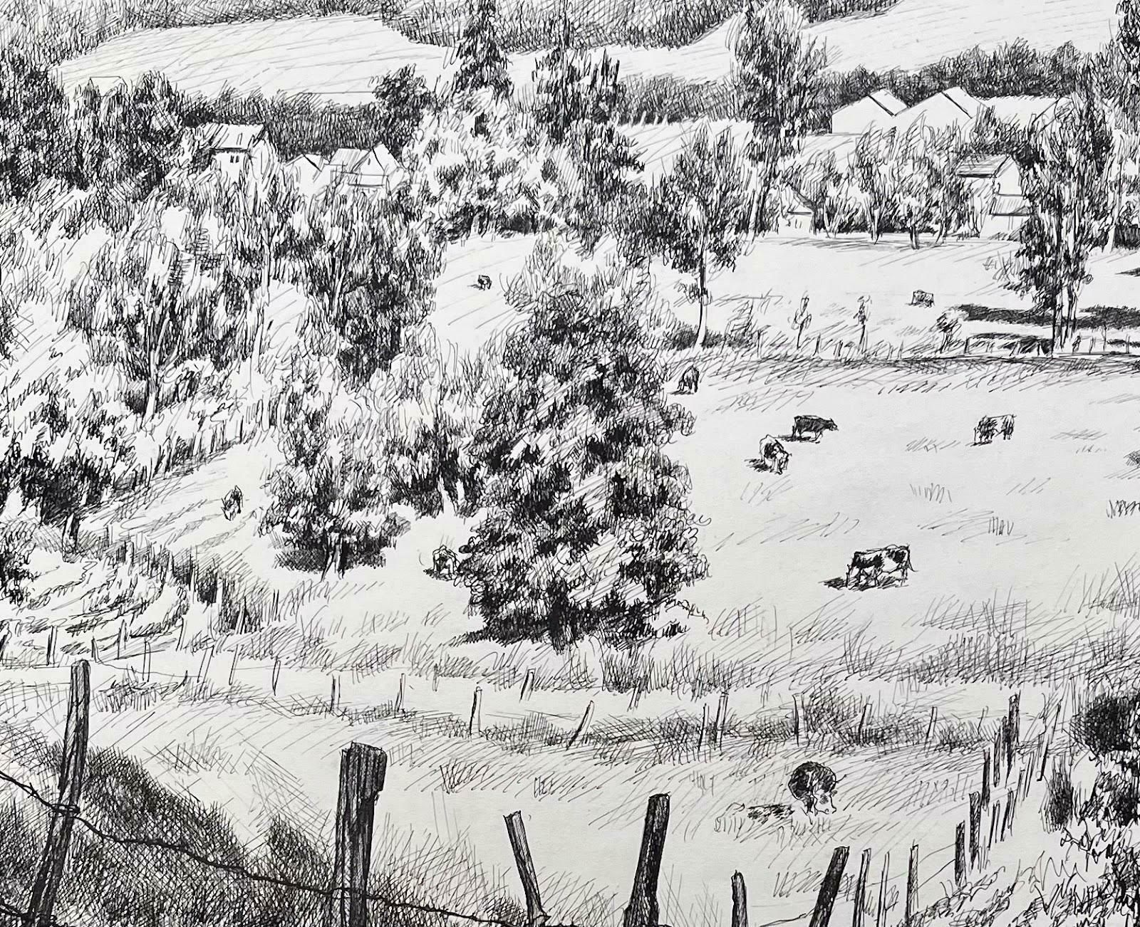 Josine Vignonmid Century French Original Ink Drawing Of A Rural Landscape With Cows1950's photo 894.0
