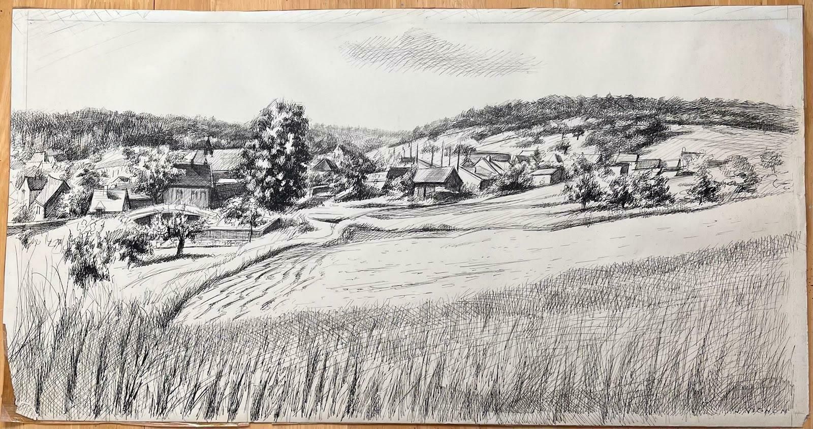 Josine Vignonmid Century French Original Ink Drawing Névoisins (Eure Et Loire) Rural Village1950's