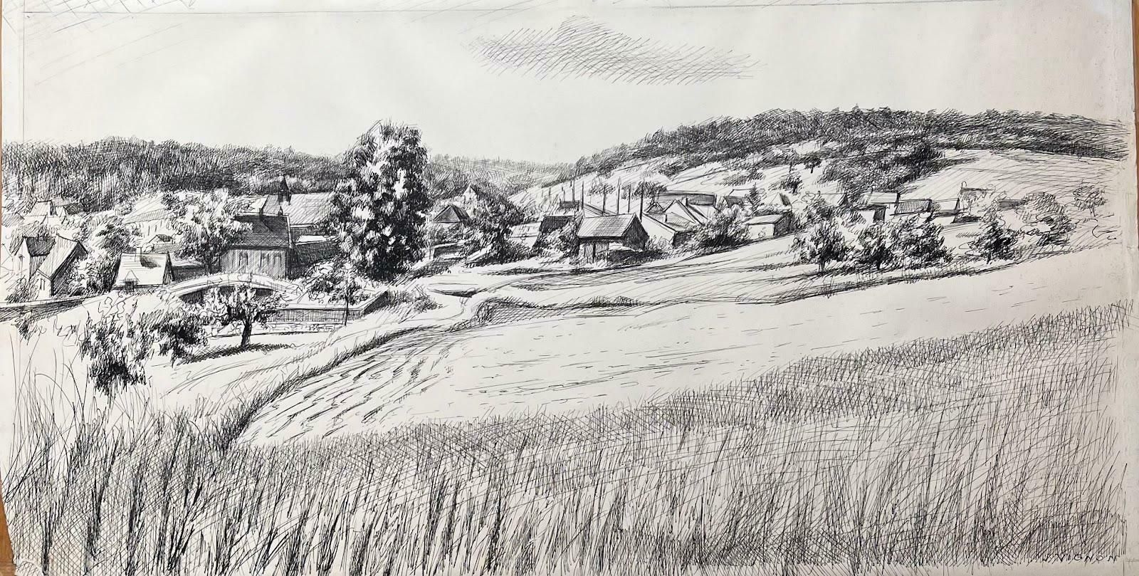Josine Vignonmid Century French Original Ink Drawing Névoisins (Eure Et Loire) Rural Village1950's photo furniture