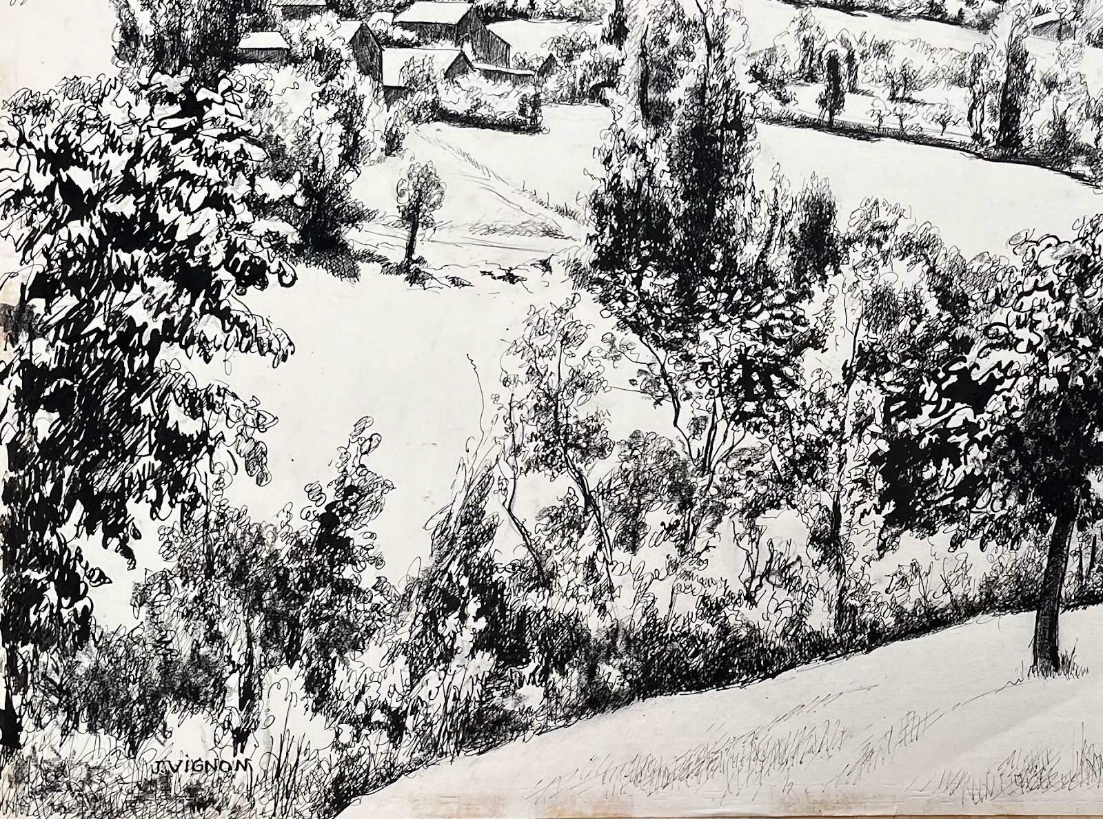 Josine Vignonmid Century French Original Ink Drawing Of A Hillside Village Landscape1950's photo Art