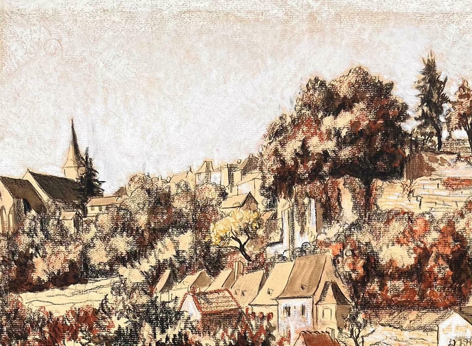 Josine Vignonmid Century French Original Pastel Painting Of A Village With A Castle1950's photo for sale