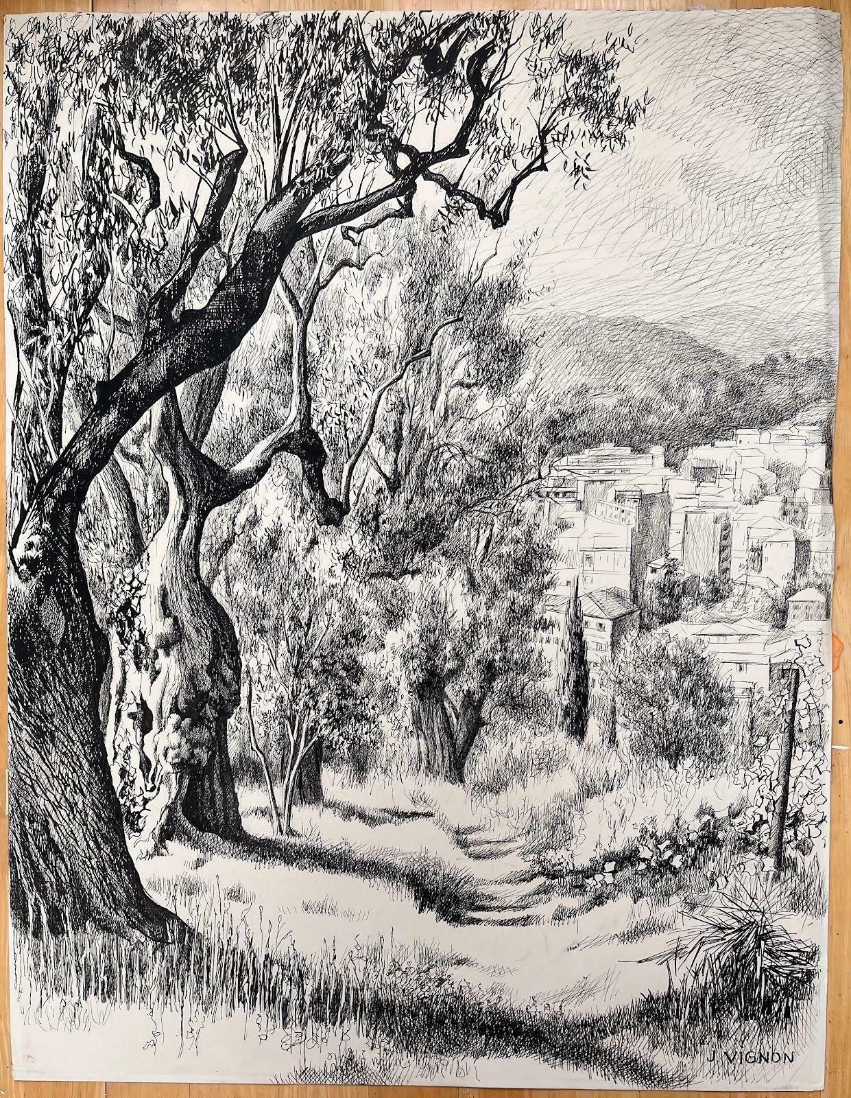 Josine Vignonmid Century French Original Ink Drawing   Urban View Through Olive Trees1950's